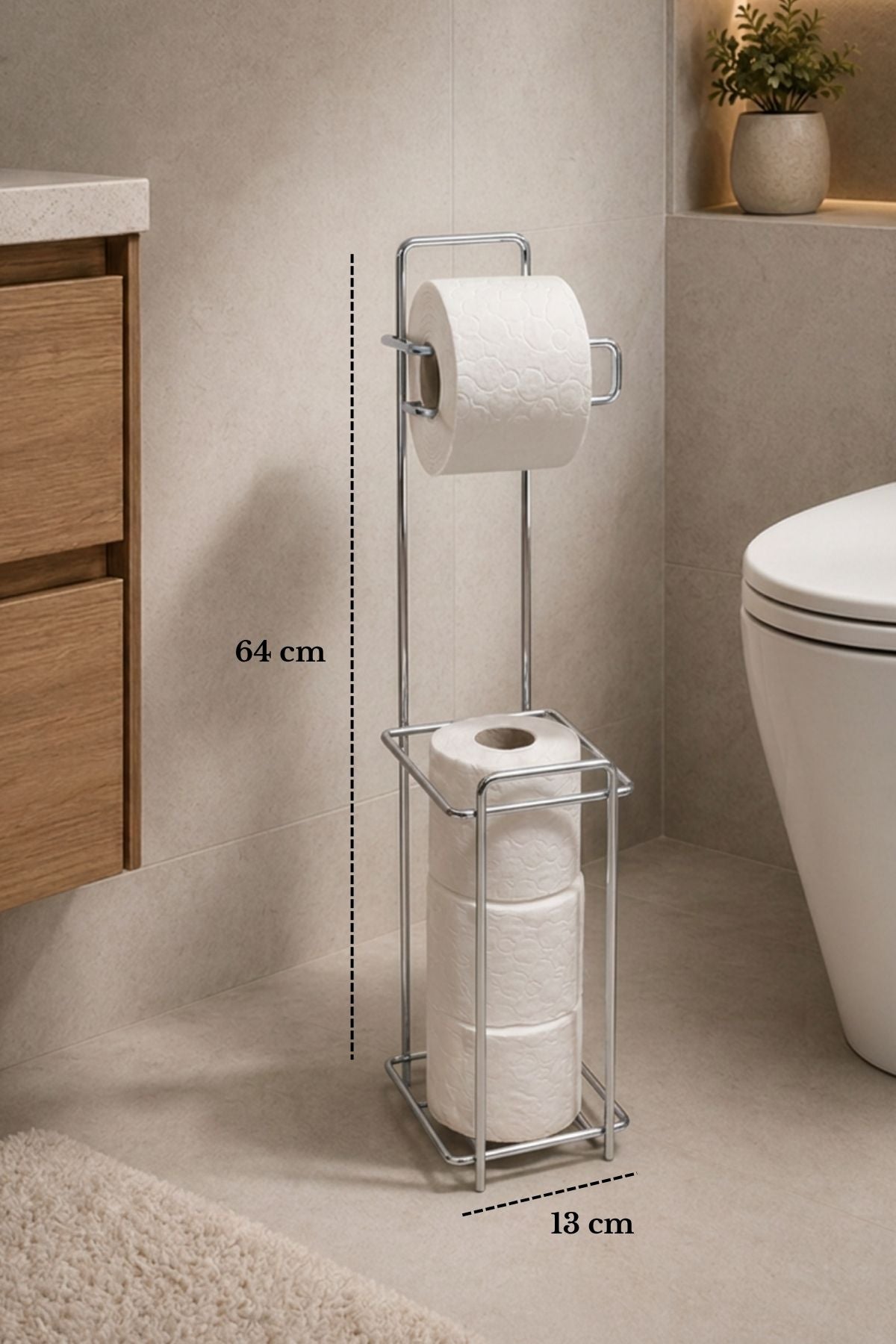 Parlak Silver Ayaklı Metal Tuvalet Kağıtlığı, Yedek Rulo Standı ve Banyo Düzenleyici
