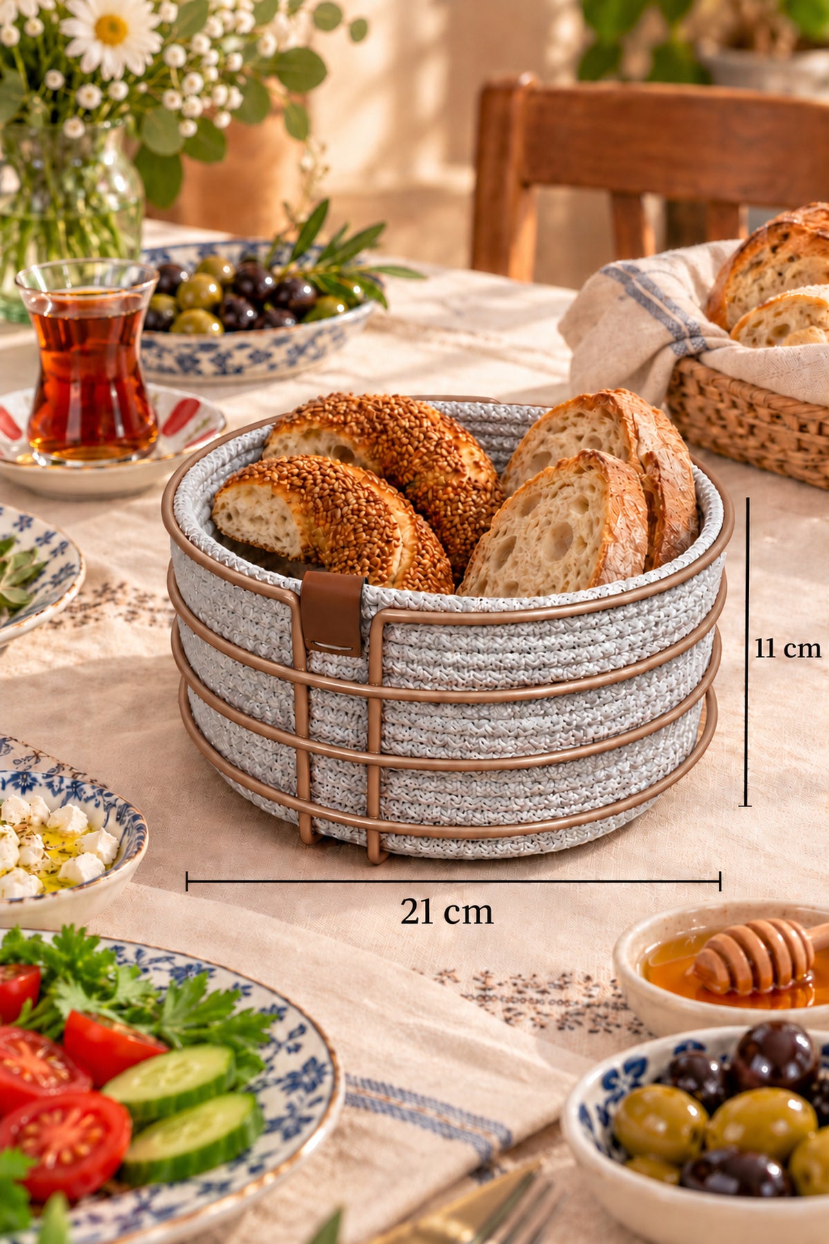 EDORA HOME Rose Yuvarlak Ekmek Sepeti, Ekmeklik Sunum Sepeti, Buz Gri Makrome Çok Amaçlı Paslanmaz Metal
