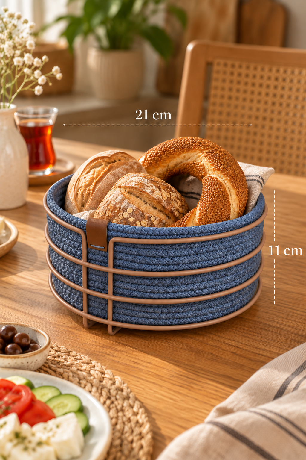 EDORA HOME Rose Yuvarlak Ekmek Sepeti, Ekmeklik Sunum Sepeti, İndigo Makrome Çok Amaçlı Paslanmaz Metal