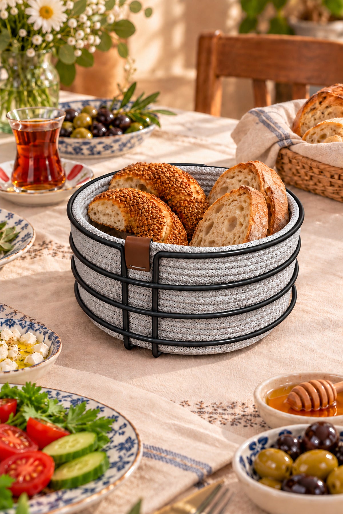 EDORA HOME Siyah Yuvarlak Ekmek Sepeti, Ekmeklik Sunum Sepeti, Buz Gri Makrome Çok Amaçlı Paslanmaz Metal
