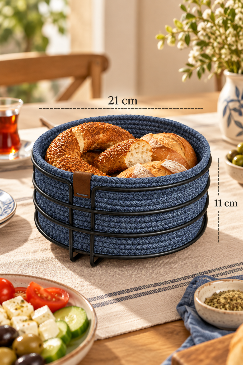 Siyah Yuvarlak Ekmek Sepeti, Ekmeklik Sunum Sepeti, Turkuaz Makrome Çok Amaçlı Paslanmaz Metal
