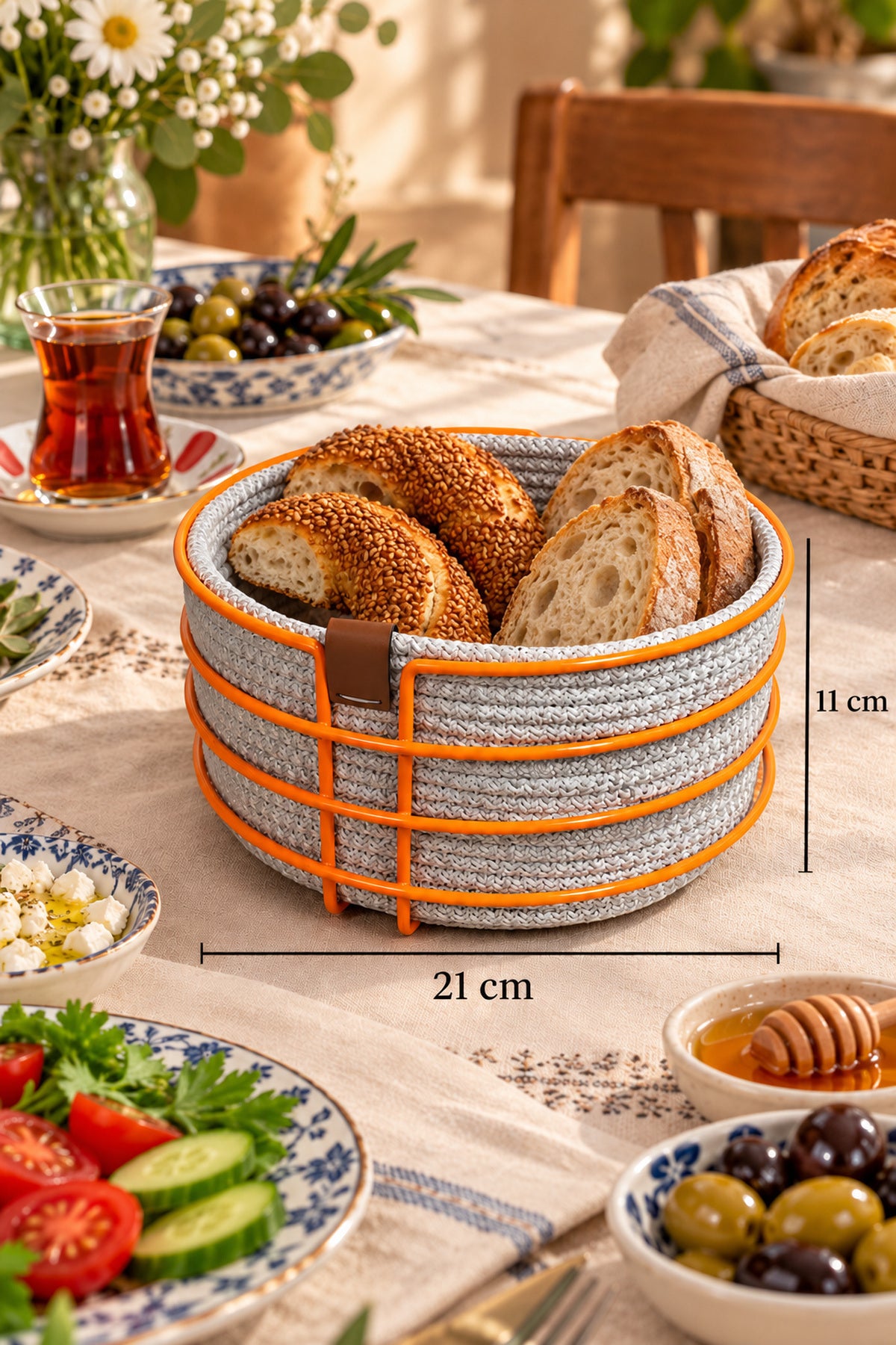 EDORA HOME Turuncu Yuvarlak Ekmek Sepeti, Ekmeklik Sunum Sepeti, Buz Gri Makrome Çok Amaçlı Paslanmaz Metal