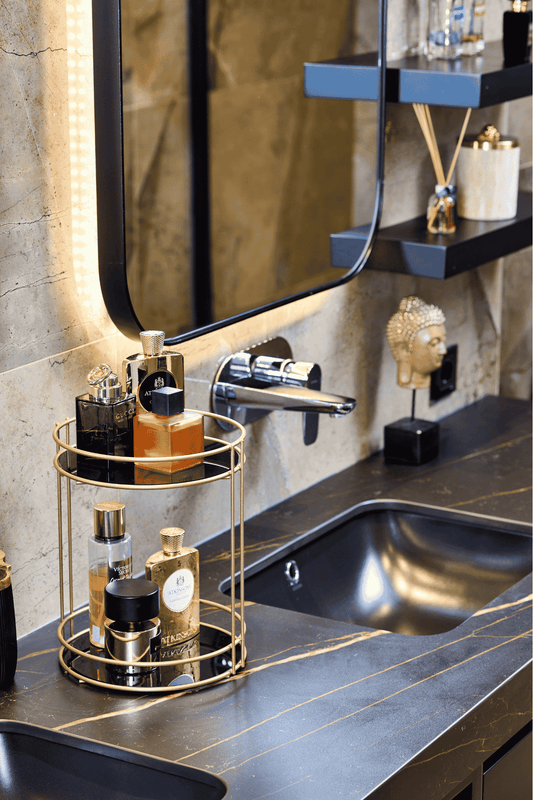 Gold 2 Katlı Banyo Organizer Düzenleyici Servis Sunum Ikramlık Pleksili-Metal Paslanmaz