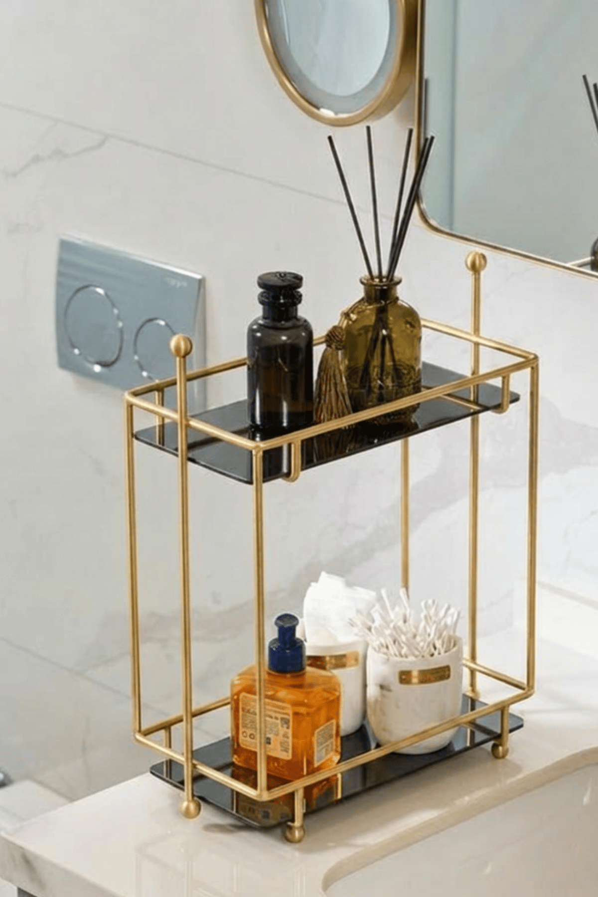 Gold 2 Katlı Dikdörtgen Metal Banyo Organizeri, Ayna Pleksili Tezgah Üstü Düzenleyici 32,6x16,3x34 cm