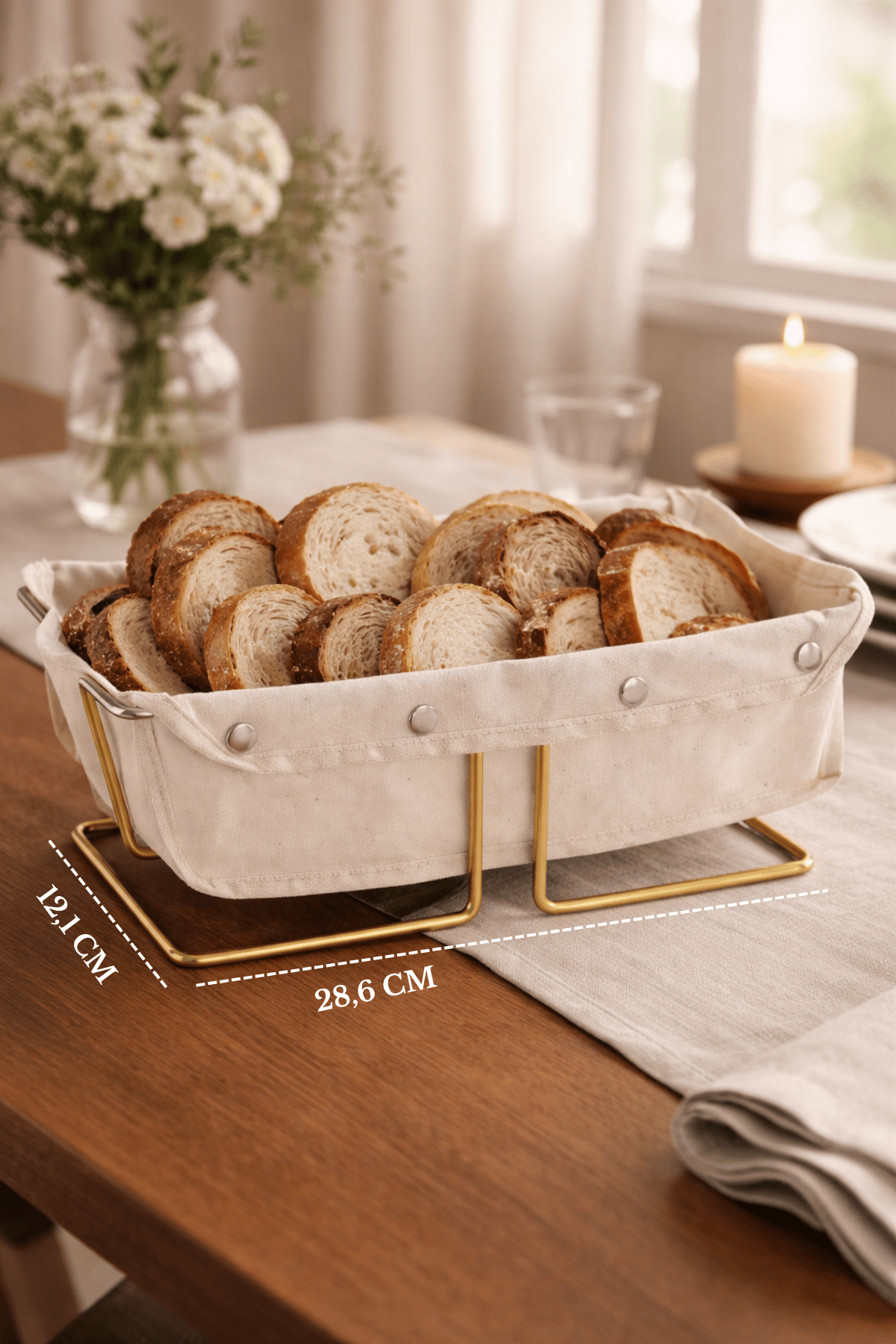 Matte Gold Rectangular Bread Basket, Bread Bin, Serving Basket with Canvas Lining, Multi-purpose, Stainless Metal