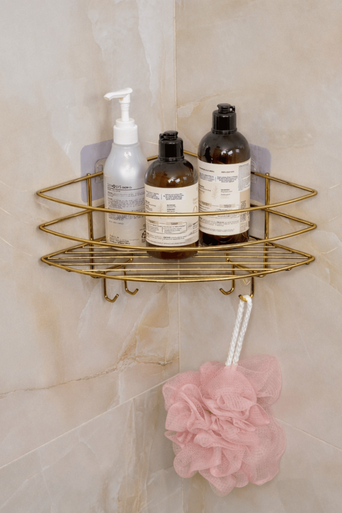 Gold Lüx Köşe Raf Organizer – Yapışkanlı Paslanmaz Metal Banyo Duş Şampuanlık, Çok Amaçlı Raf