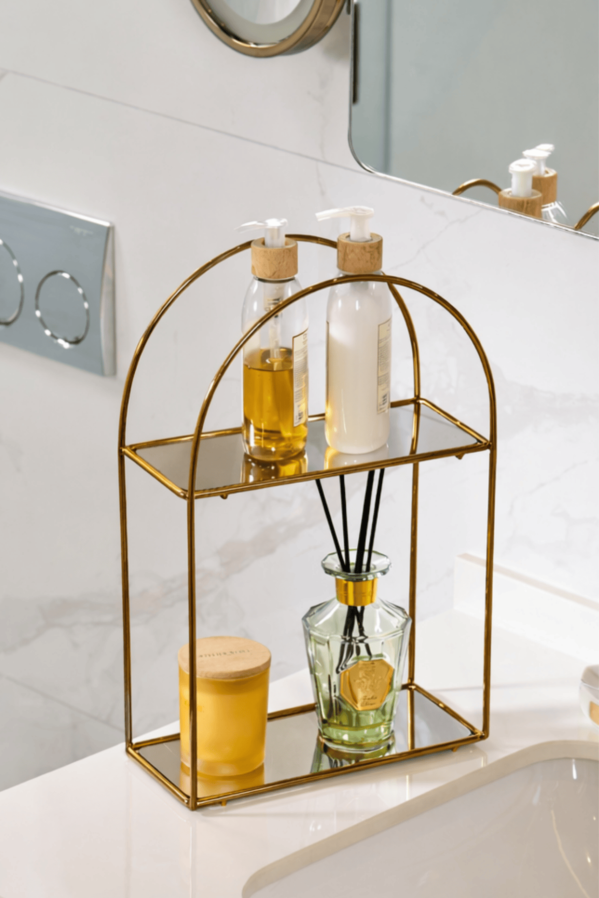 Gold Renk Ayna Pleksili 2 Katlı Çok Amaçlı Düzenleyici & Sunum ve İkram Standı & Parfüm Standı