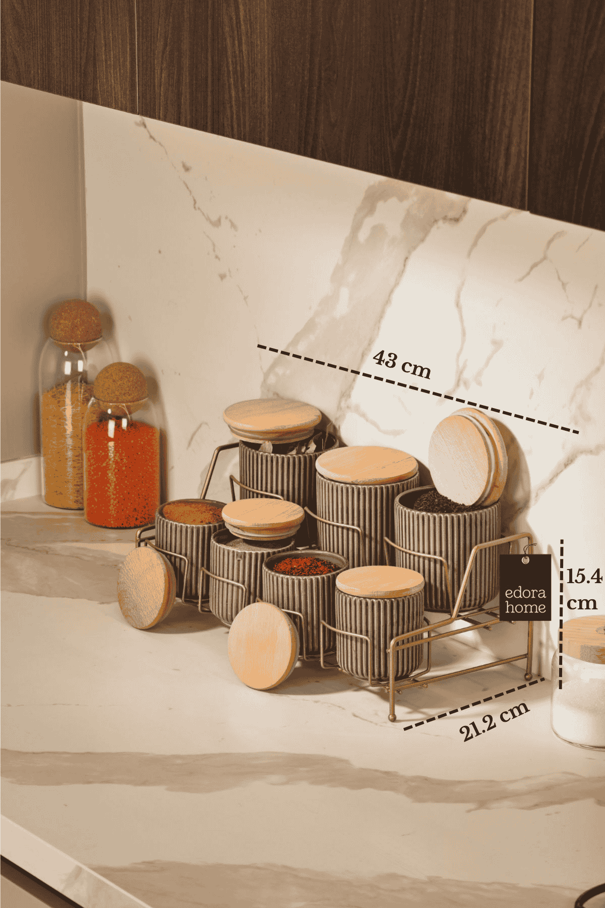 Mat Gold Standlı 7 Bölmeli Porselen Baharatlık Takımı Bambu Kapaklı Mutfak Organizer