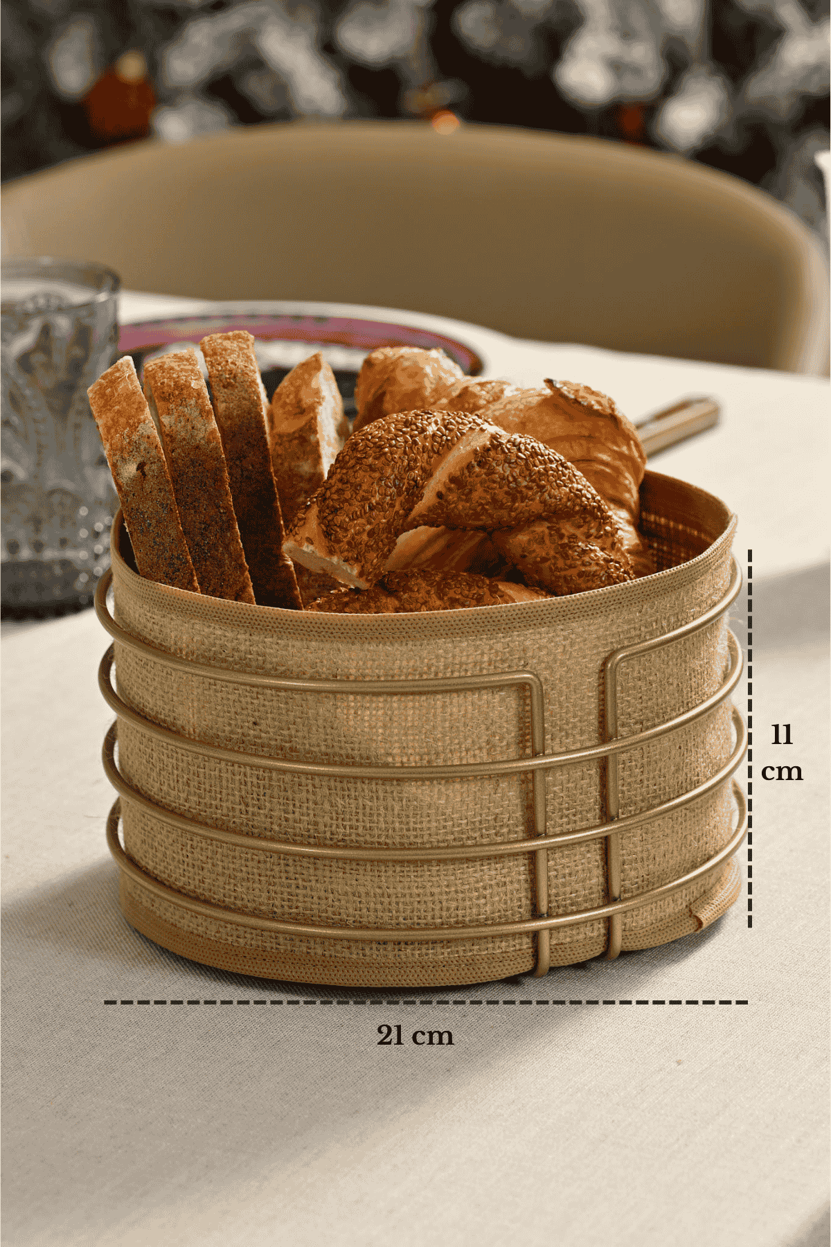 Mat Gold Round Bread Basket Bread Serving Basket Jute Fabric Multi-Purpose Stainless Metal