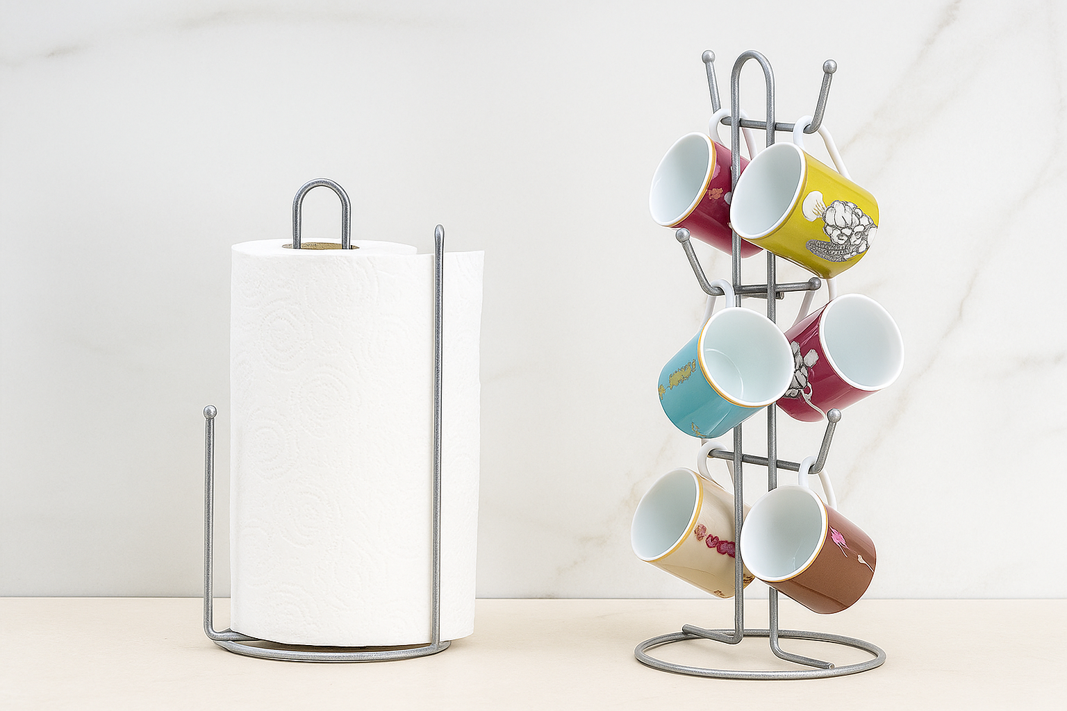 Gümüş 2'Li Mutfak Organizer Set Ayraçlı Kağıt Havluluk Ve 6 Bölmeli Bardaklık