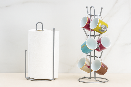 Gümüş 2'Li Mutfak Organizer Set Ayraçlı Kağıt Havluluk Ve 6 Bölmeli Bardaklık