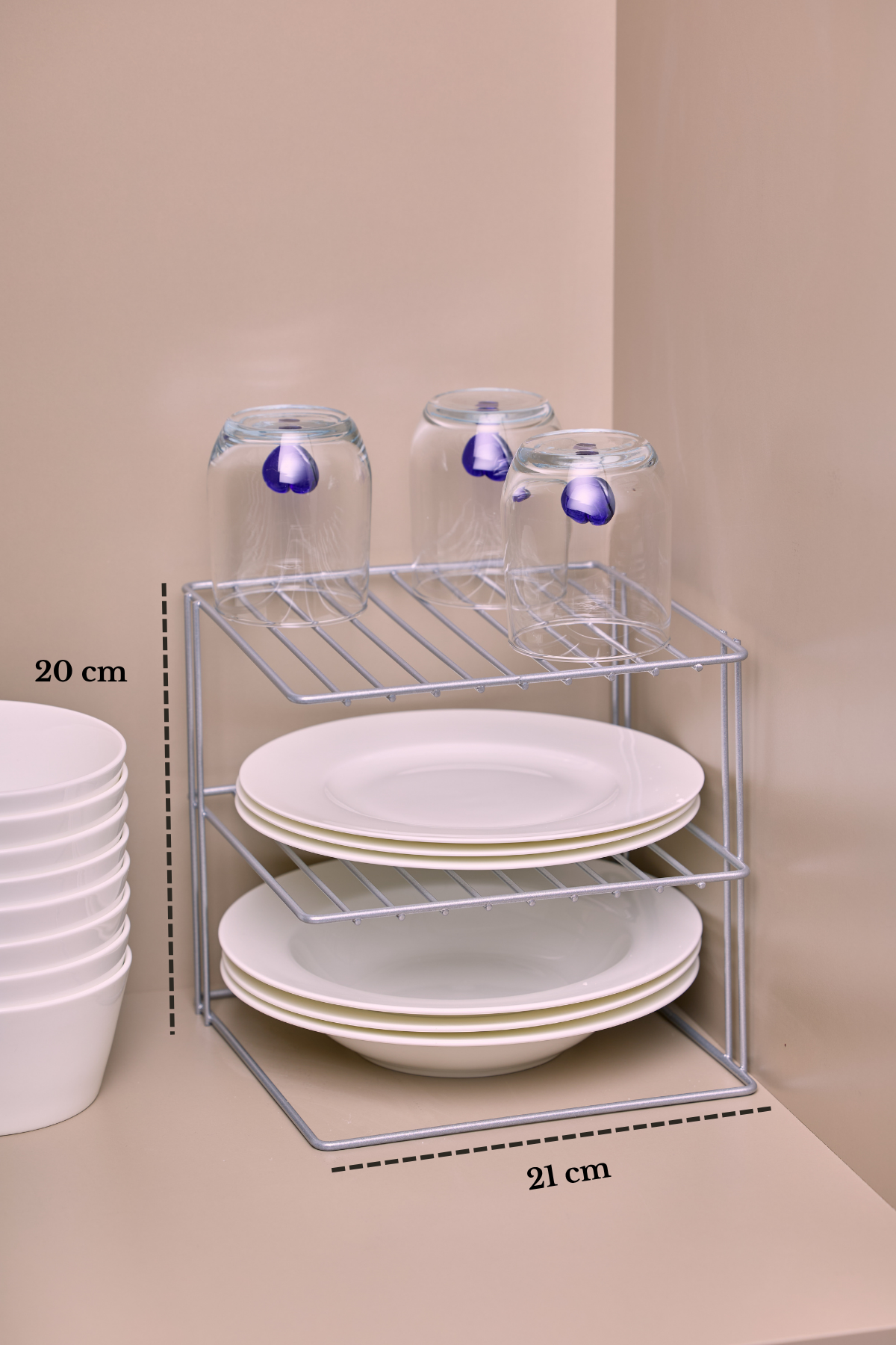 Mat Gümüş 3 Katlı Dolap İçi Tabaklık Bardaklık Mutfak Düzenleyici Raf Paslanmaz Metal