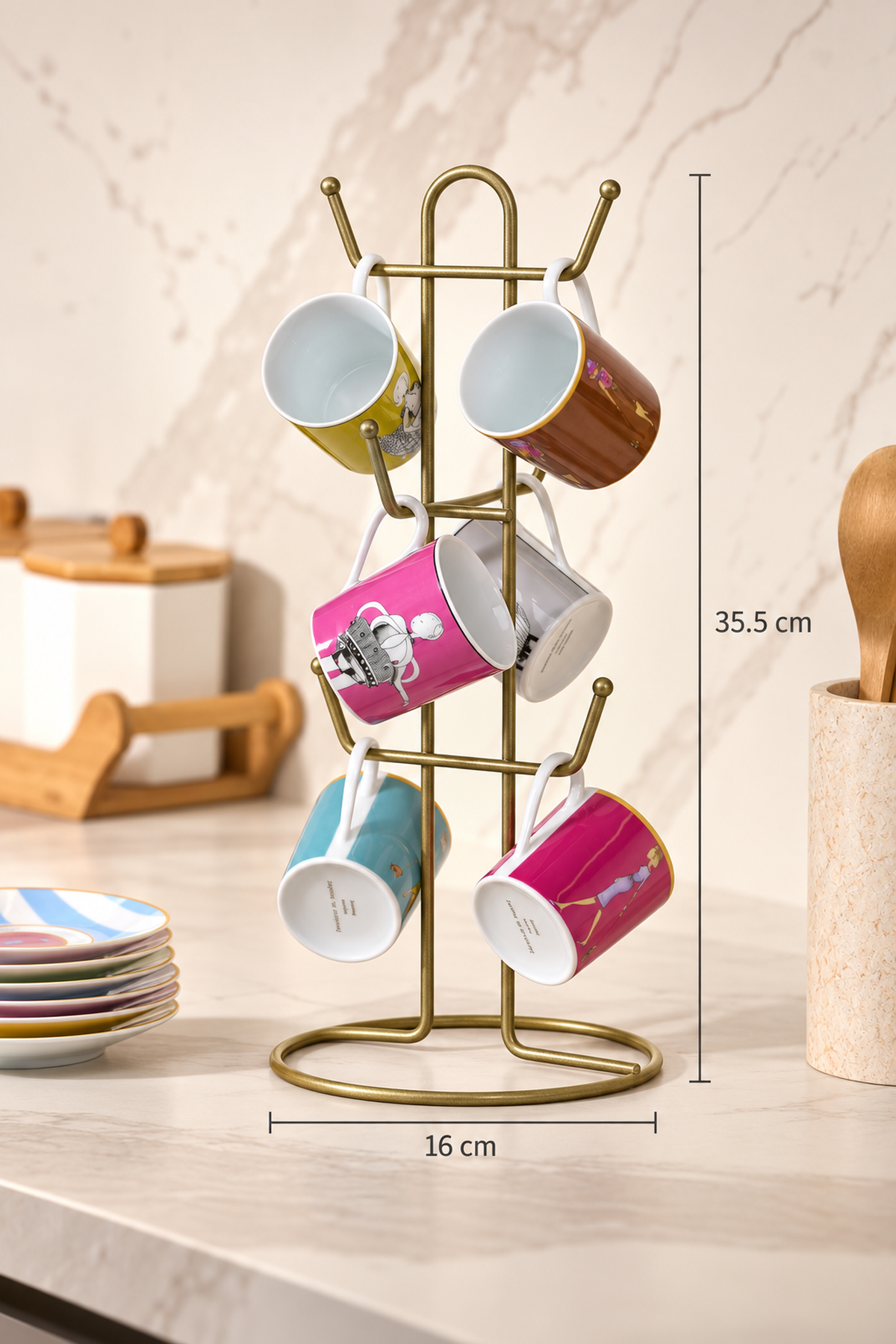 Mat Gold 6 Bölmeli Metal Fincan Askılığı, Kupa Düzenleyici ve Kahve Köşesi Standı