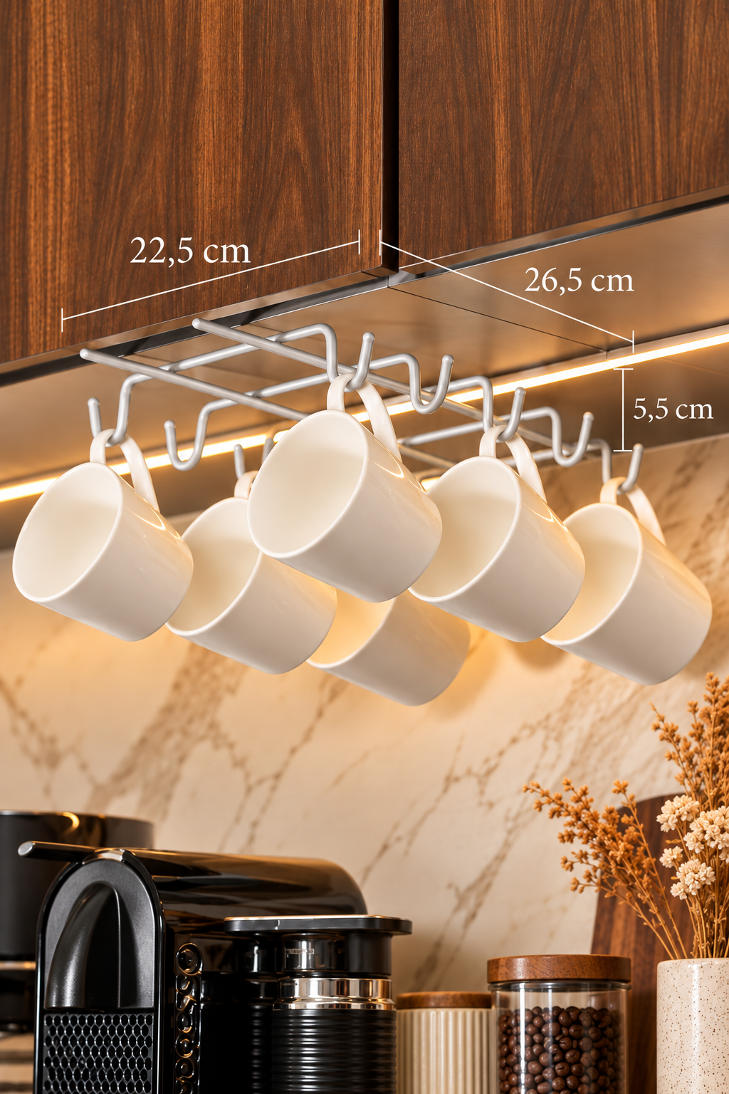 Matte Silver 10-Hook Under-Cabinet Mug Holder Rack Stainless Steel