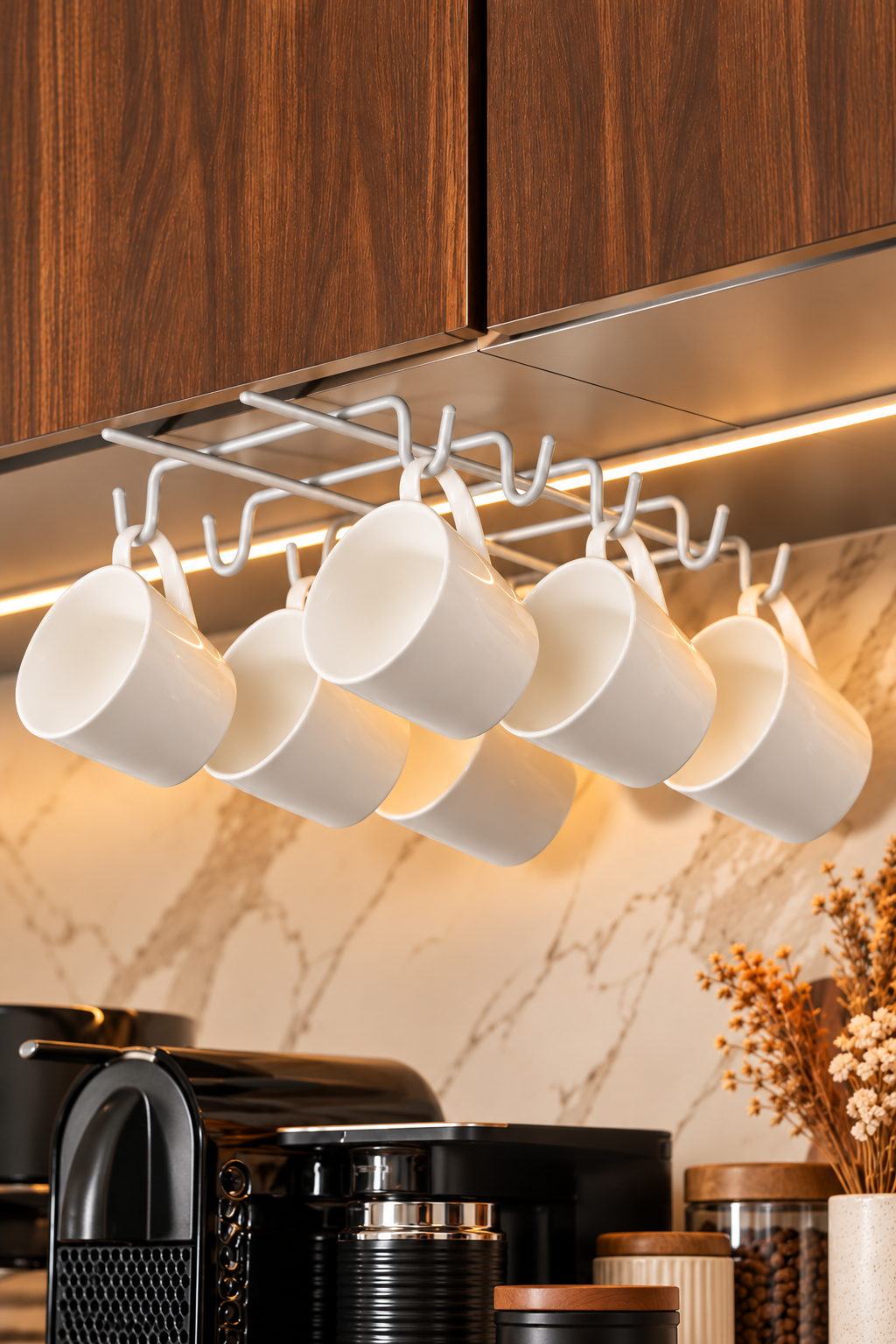 Matte Silver 10-Hook Under-Cabinet Mug Holder Rack Stainless Steel
