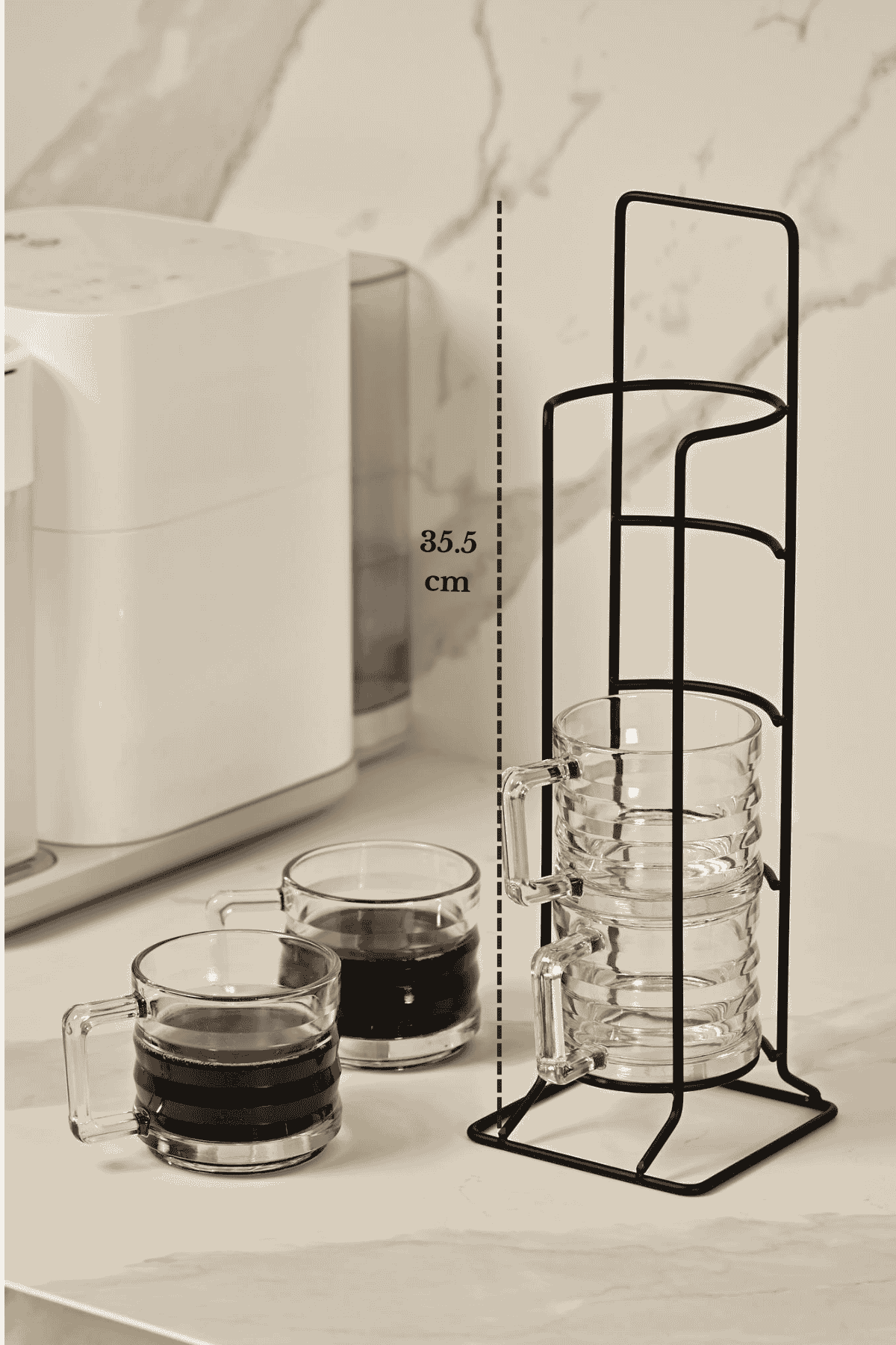 Matte Black 4-Piece Glass Mug and Stand Set Coffee Tea Serving Organizer