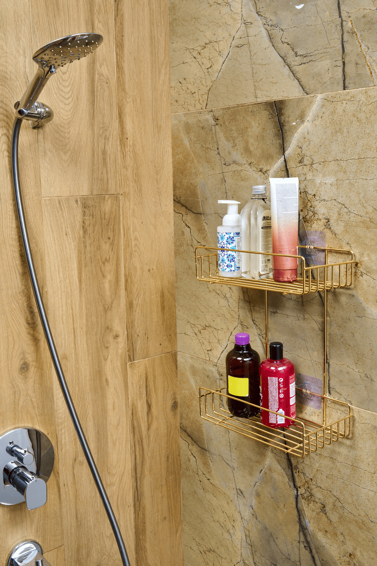 Parlak Altın 2'li Banyo Şampuanlık Seti - Tek Katlı + 2 Katlı Duş Rafı, Delmeden Yapışkanlı Montaj