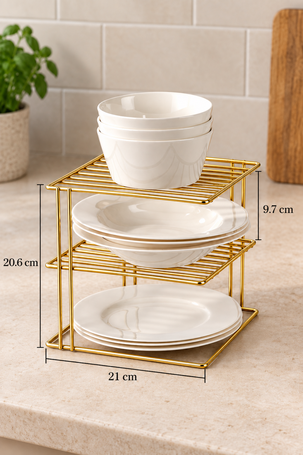 Shiny Gold 3-Tier Cabinet Plate & Cup Rack Kitchen Organizer Shelf Stainless Metal