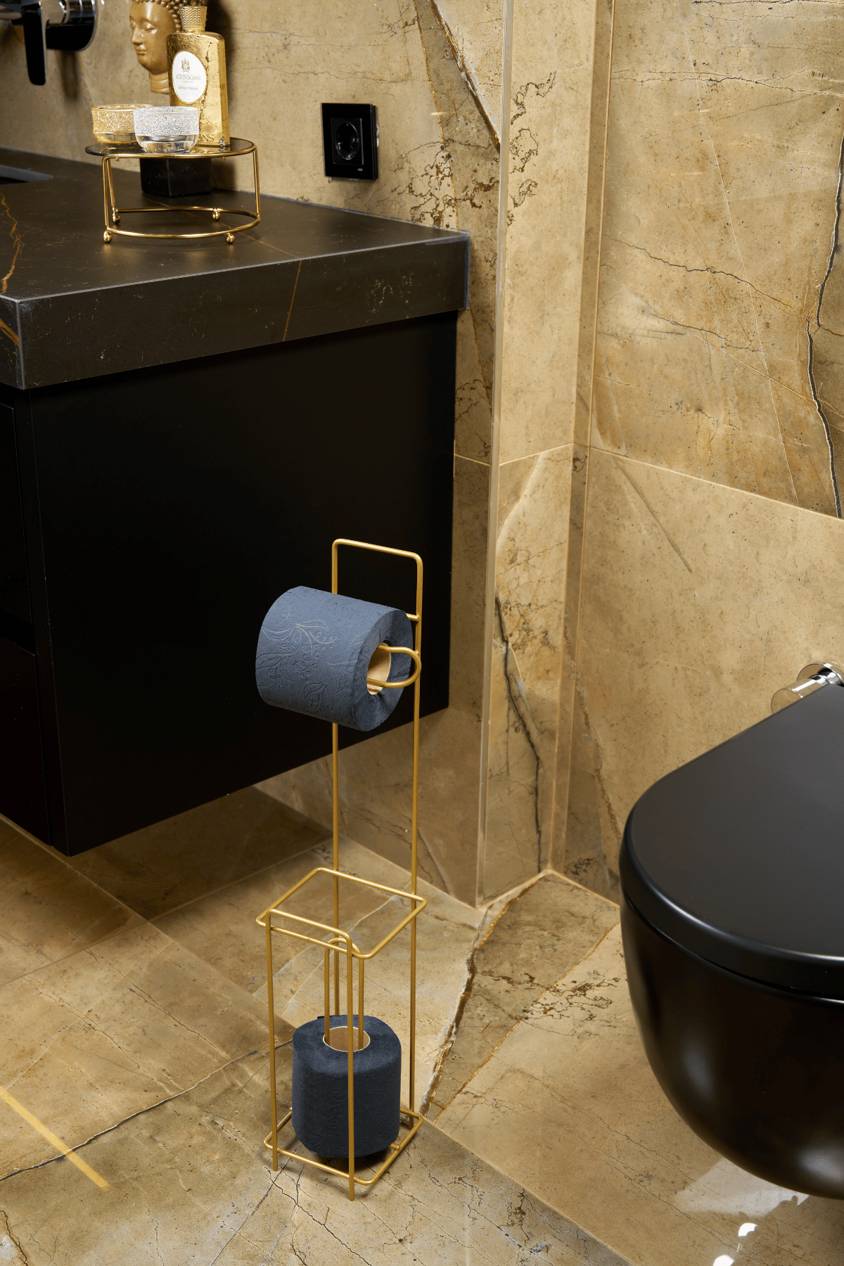 Parlak Altın Metal Ayaklı Tuvalet Kağıtlığı ve Yedek Rulo Standı | Modern WC Kağıtlık