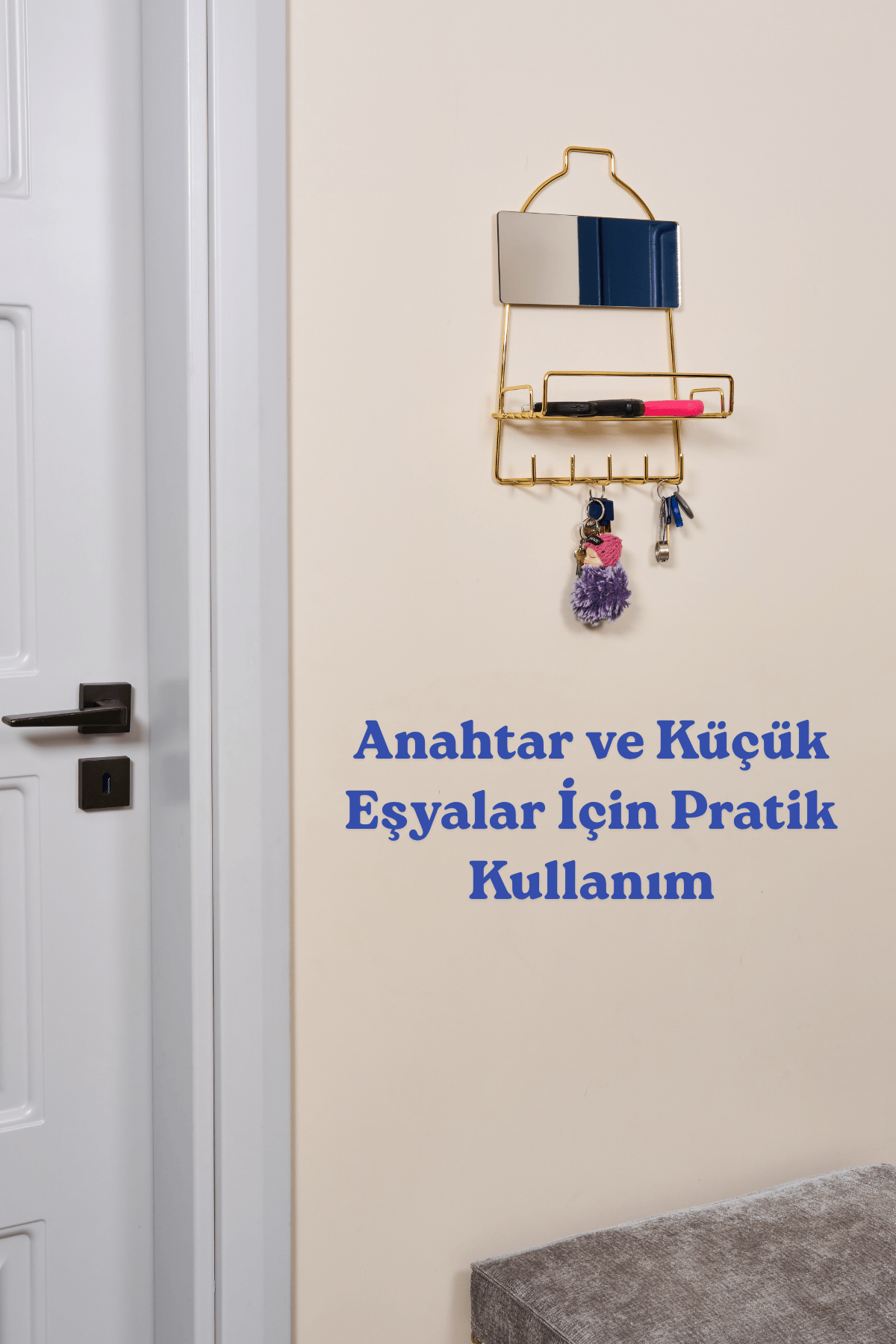 Parlak Altın Modern Duvar Anahtarlığı Raflı, Askılı Organizer, Aynalı Yapışkanlı, Montaj Gerektirmez