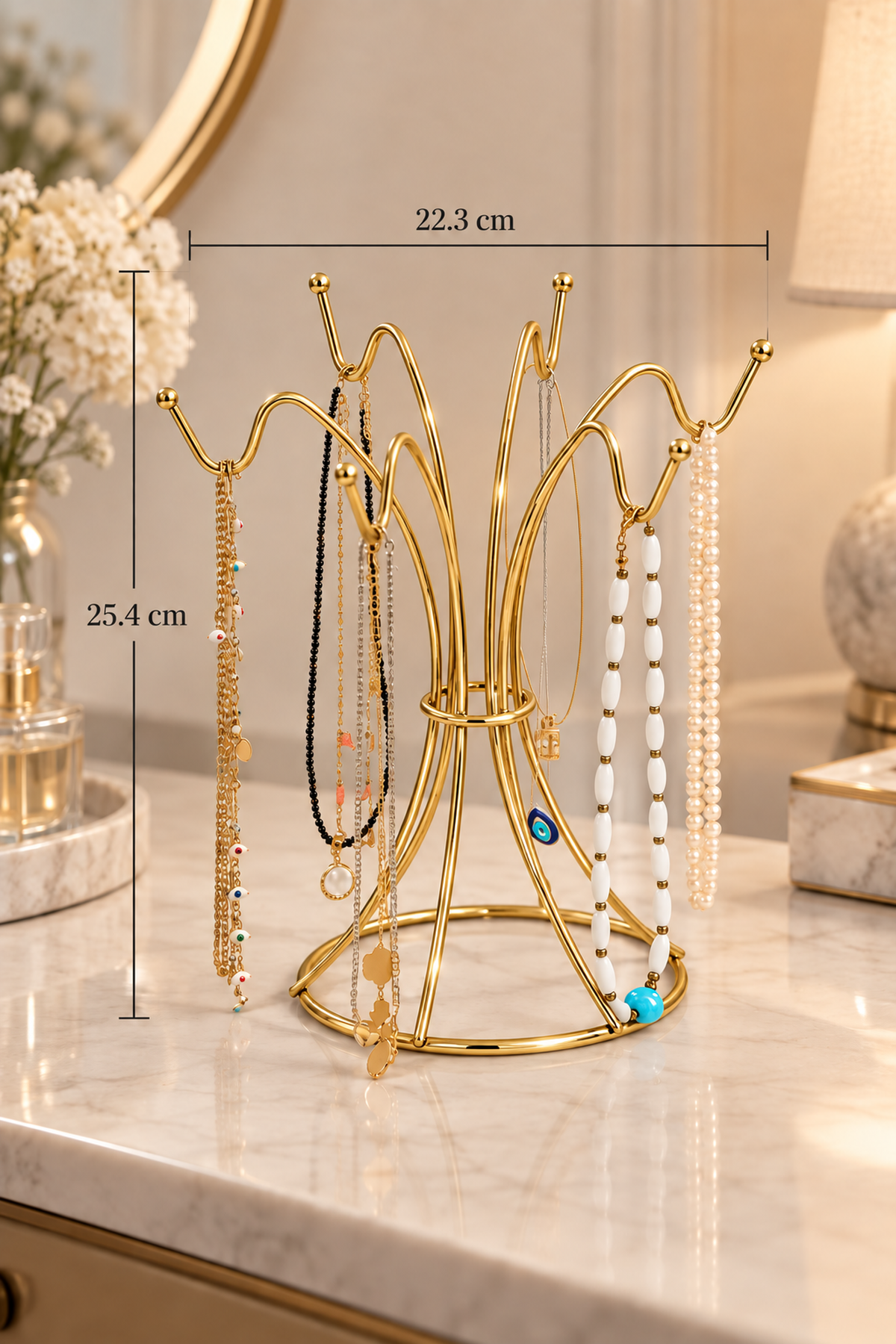 Shiny Gold Jewelry Stand Necklace Bracelet Prayer Beads Organizer Stainless Metal