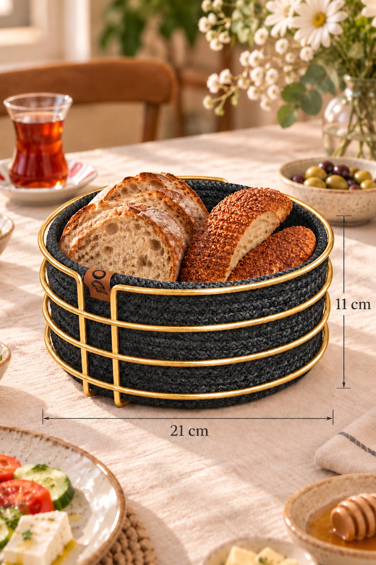 Parlak Altın Yuvarlak Ekmek Sepeti, Ekmeklik Sunum Sepeti, Antrasit Gri Makrome Çok Amaçlı Paslanmaz Metal