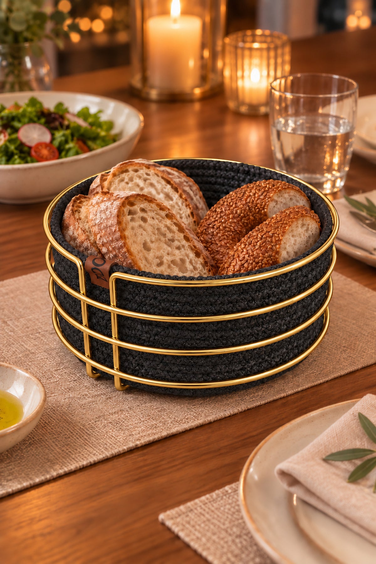 Parlak Altın Yuvarlak Ekmek Sepeti, Ekmeklik Sunum Sepeti, Antrasit Gri Makrome Çok Amaçlı Paslanmaz Metal