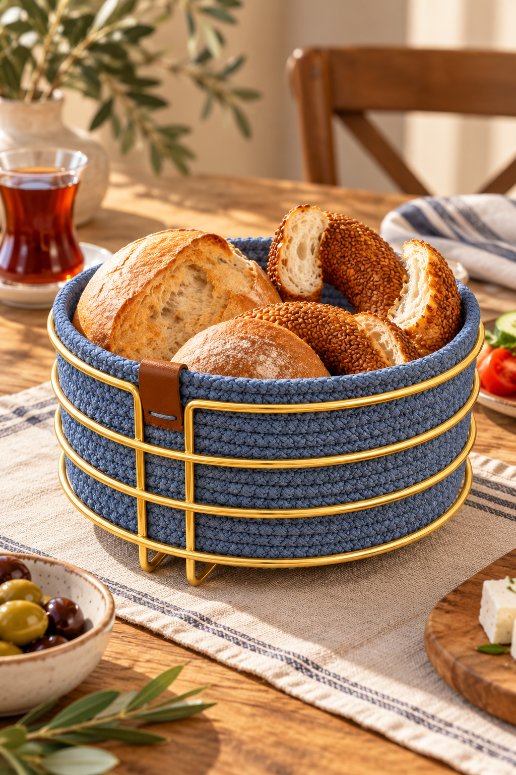 Parlak Altın Yuvarlak Ekmek Sepeti, Ekmeklik Sunum Sepeti, Turkuaz Makrome Çok Amaçlı Paslanmaz Metal