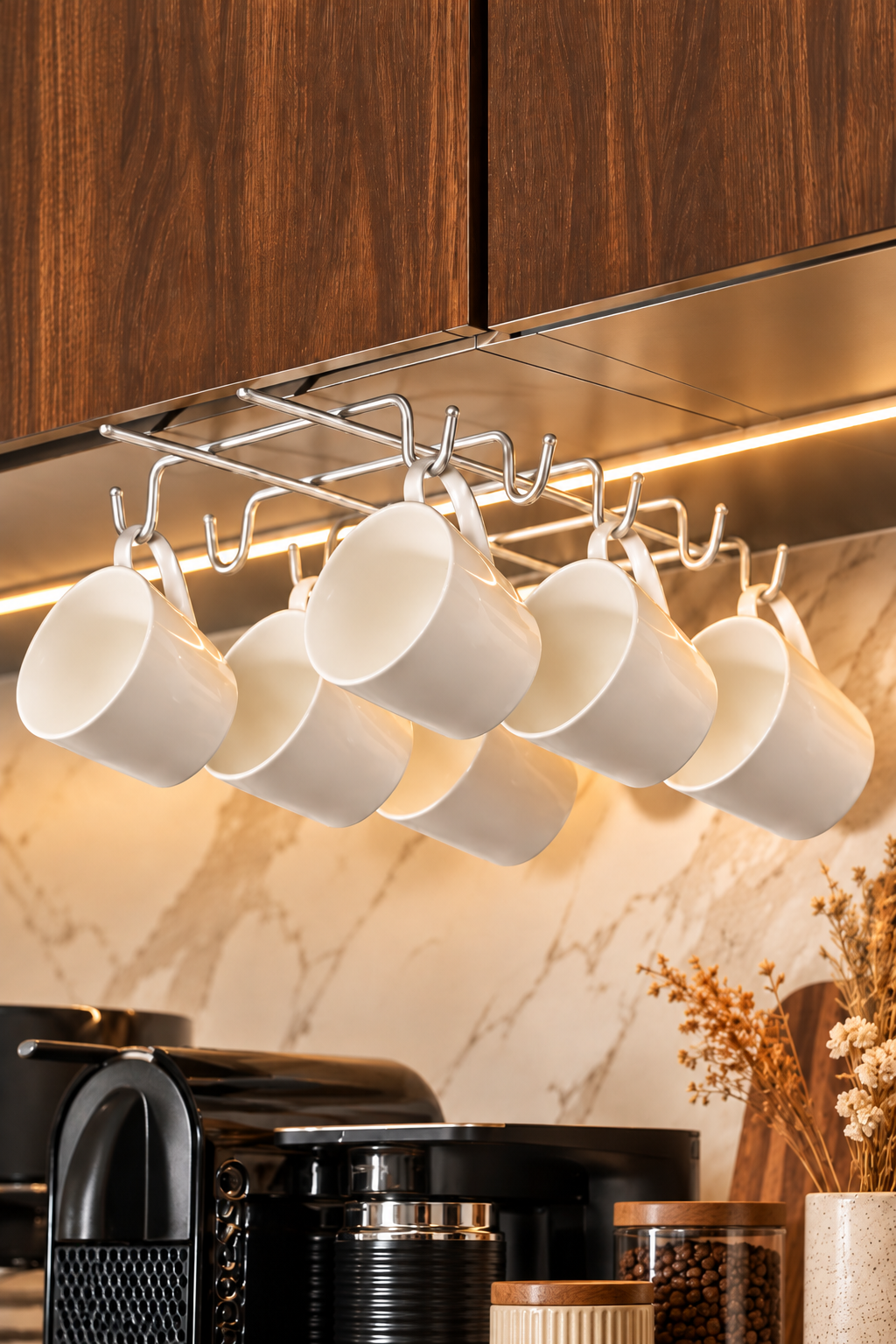 Shiny Silver 10-Hook Cup Hanger Under Shelf Mug Cup Organizer Stainless Metal