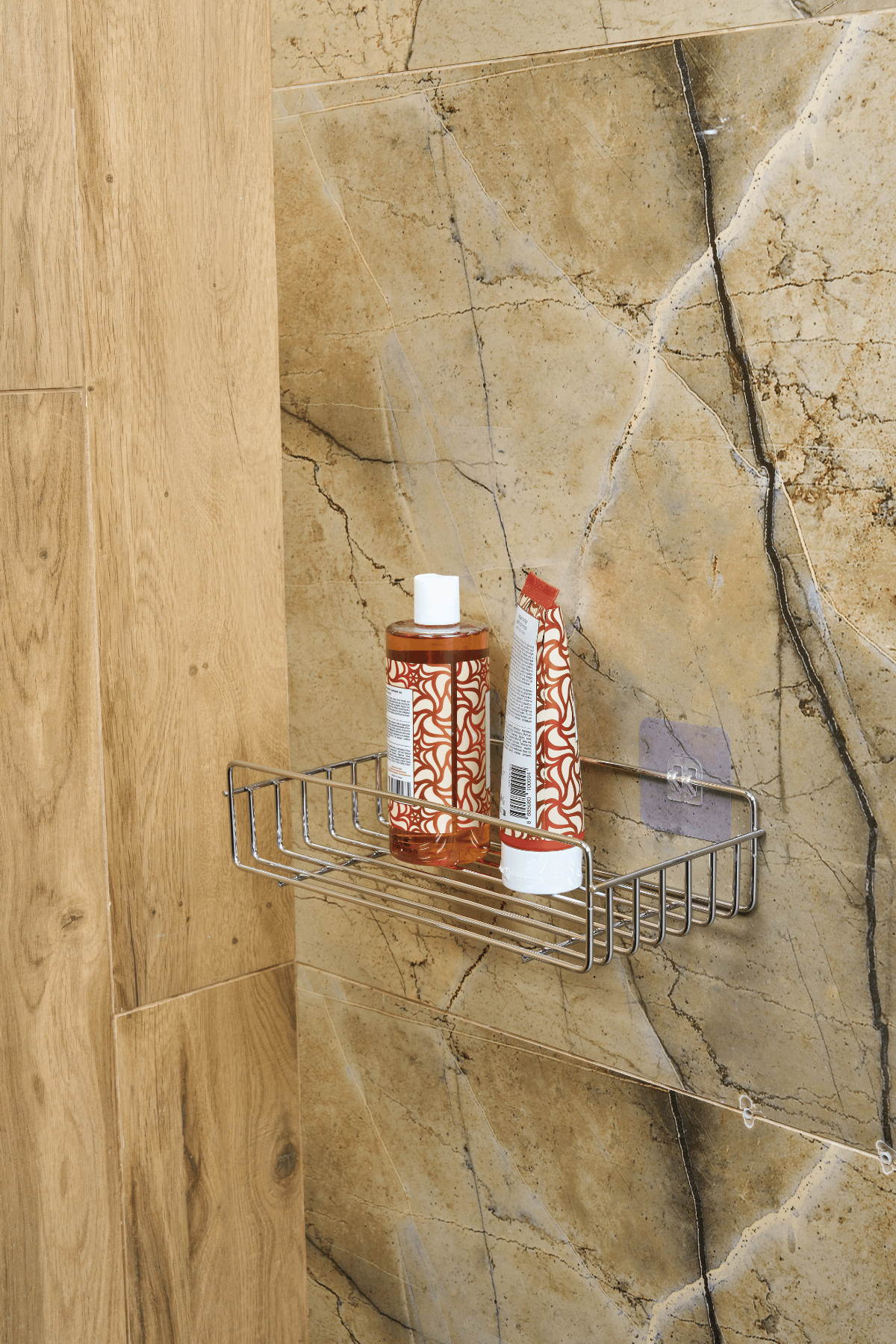 Parlak Silver 2'li Banyo Şampuanlık Seti - Tek Katlı + 2 Katlı Duş Rafı, Delmeden Yapışkanlı Montaj