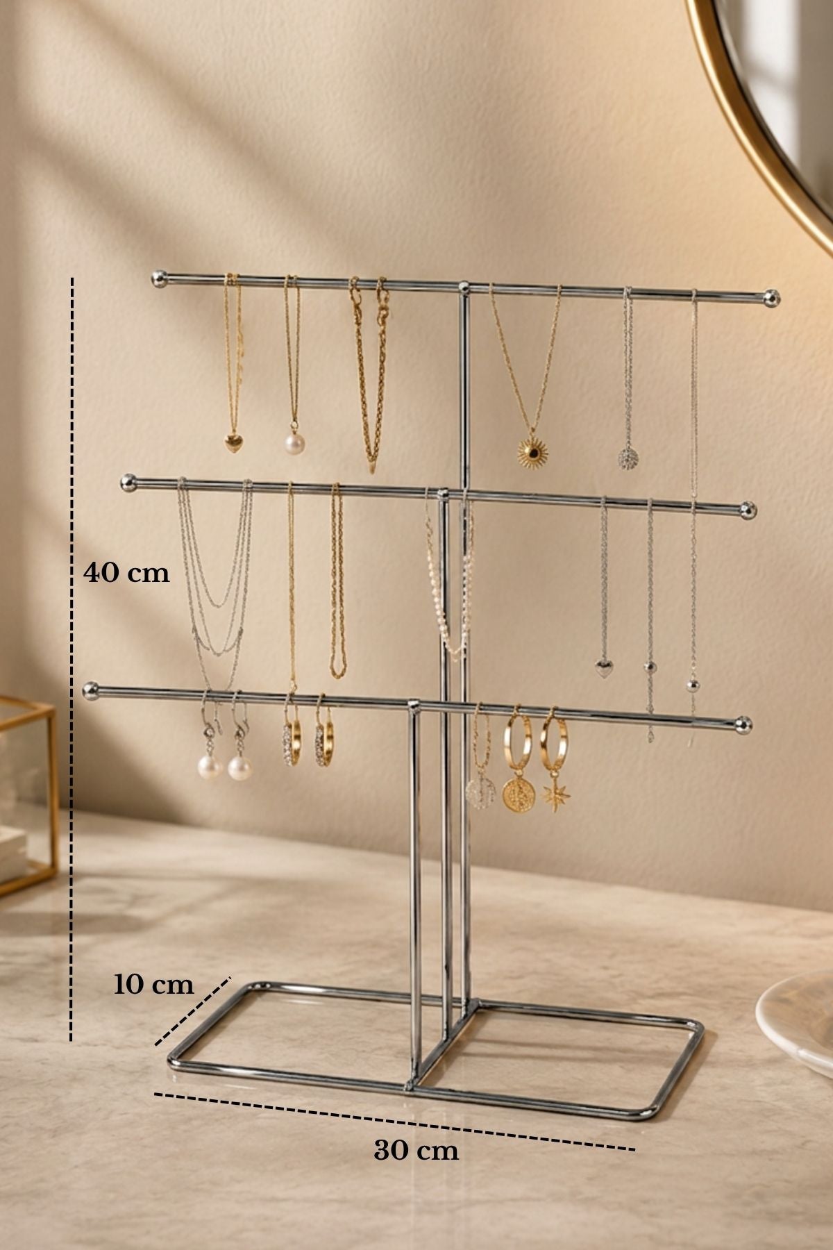 Parlak Silver 6 Kollu Metal Takı Standı - Kolye, Küpe, Bileklik Düzenleyici Masaüstü Takı Organizeri