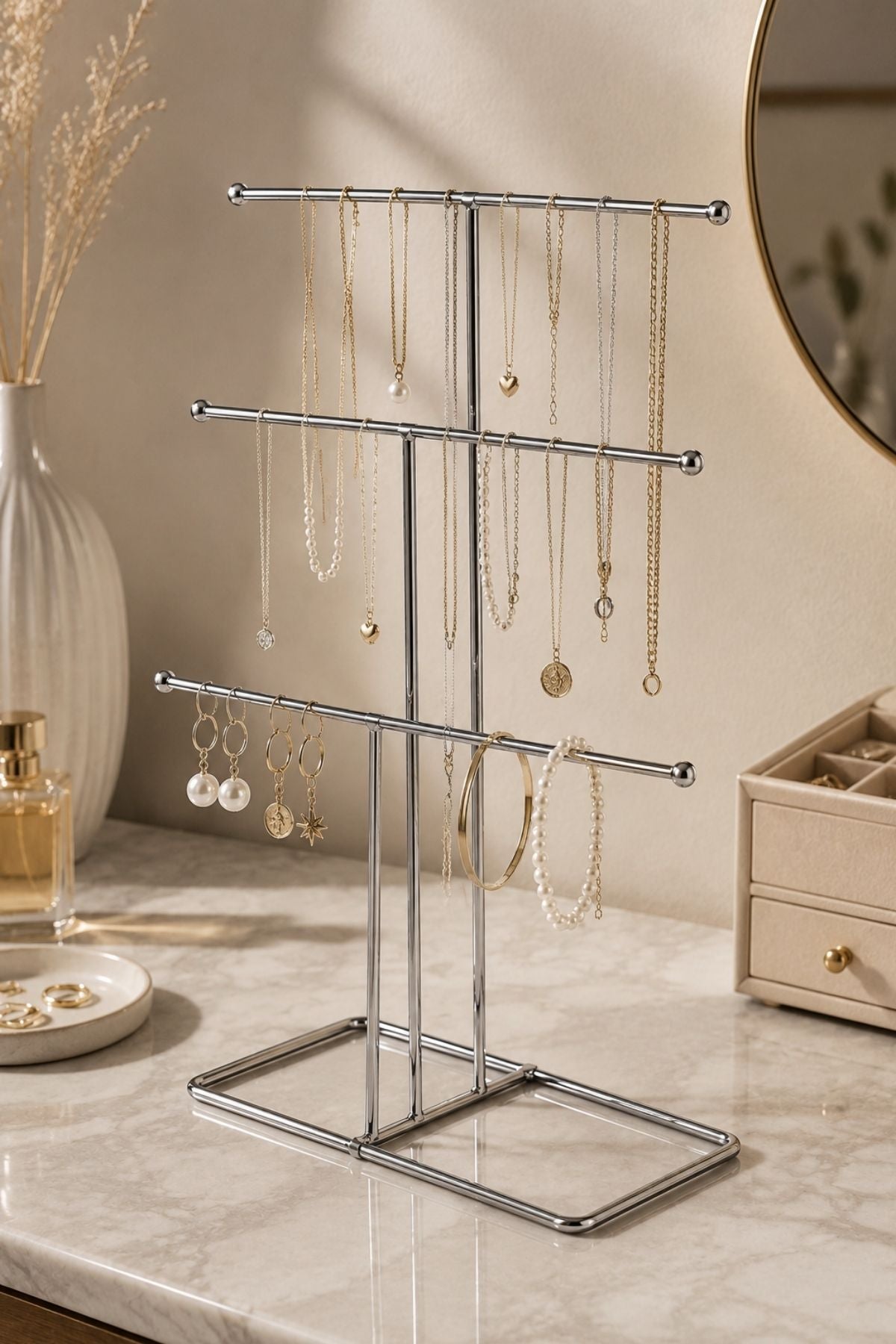 Parlak Silver 6 Kollu Metal Takı Standı - Kolye, Küpe, Bileklik Düzenleyici Masaüstü Takı Organizeri