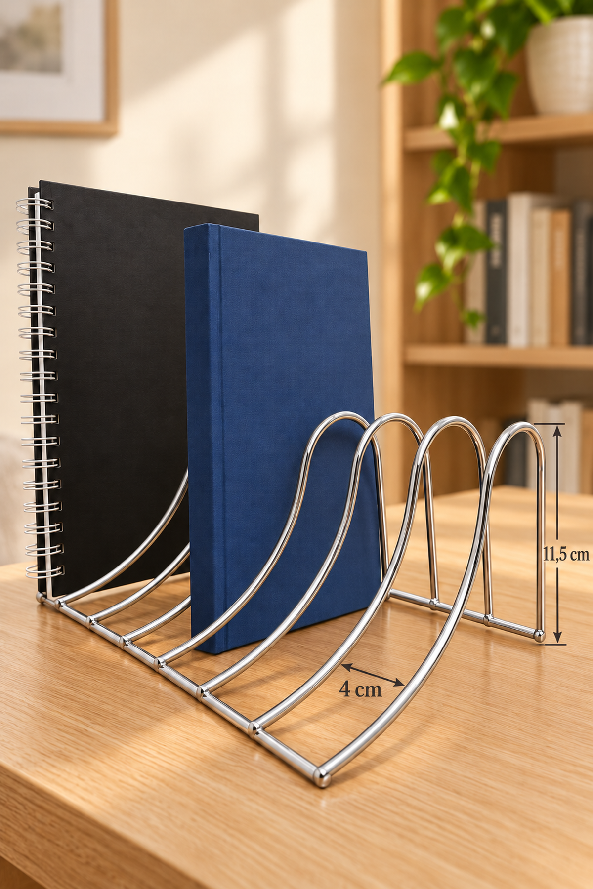 Parlak Silver 7 Bölmeli Metal Masaüstü Kitap Düzenleyici, Mini Kitaplık ve Defter Organizeri