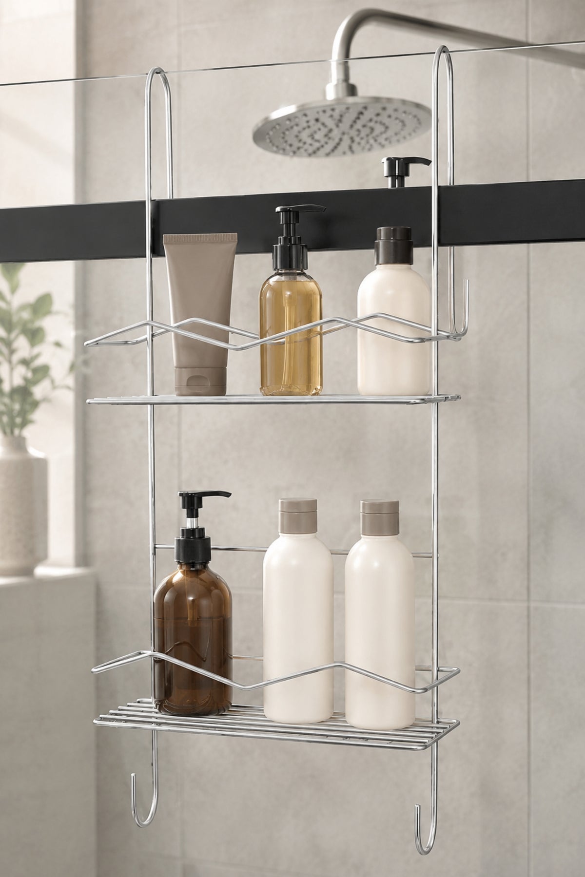 Parlak Silver Duşakabin Askılı 2 Katlı Banyo Rafı Şampuanlık Düzenleyici Metal Askılık