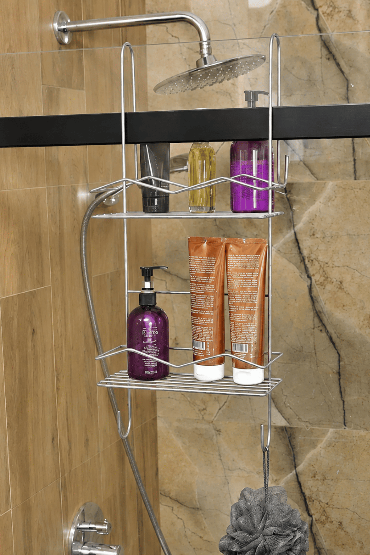 Parlak Silver Duşakabin Askılı 2 Katlı Banyo Rafı Şampuanlık Düzenleyici Metal Askılık
