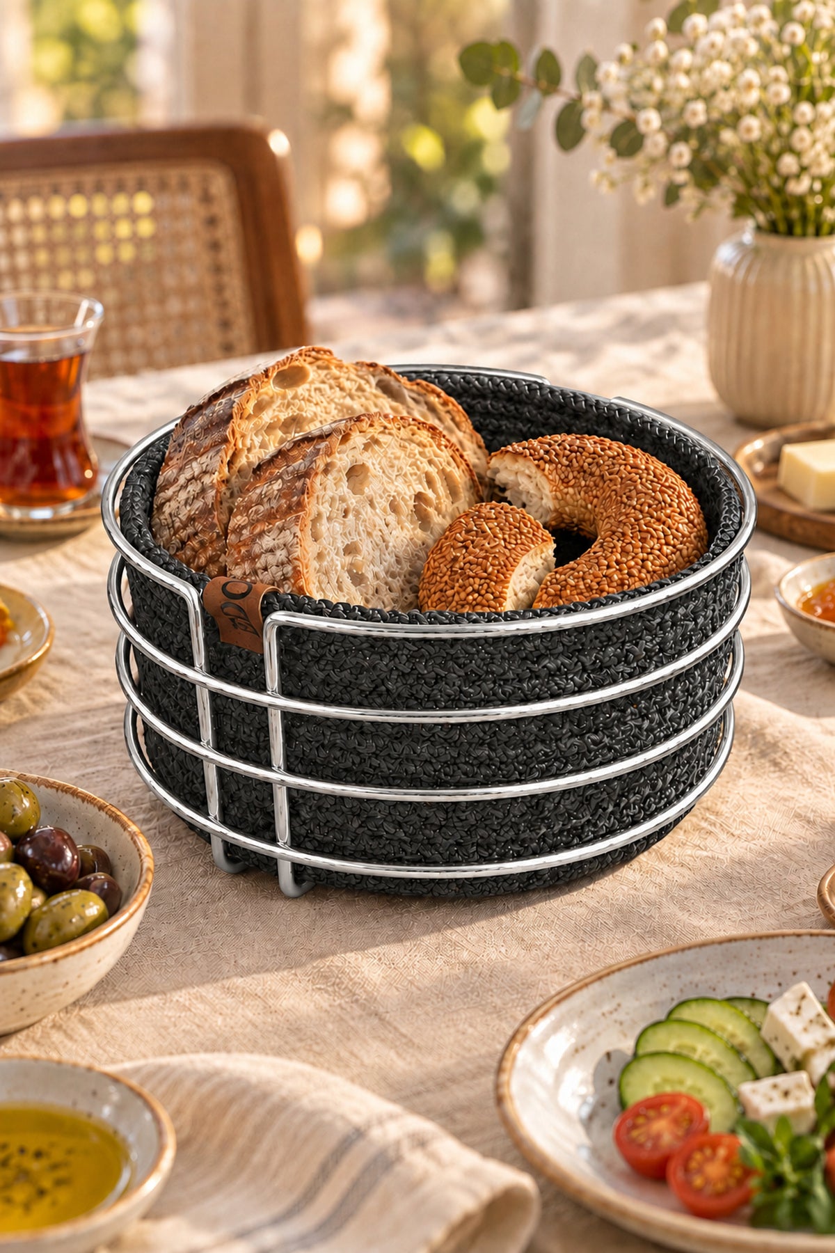 Parlak Silver Yuvarlak Ekmek Sepeti, Ekmeklik Sunum Sepeti, Antrasit Gri Makrome Çok Amaçlı Paslanmaz Metal