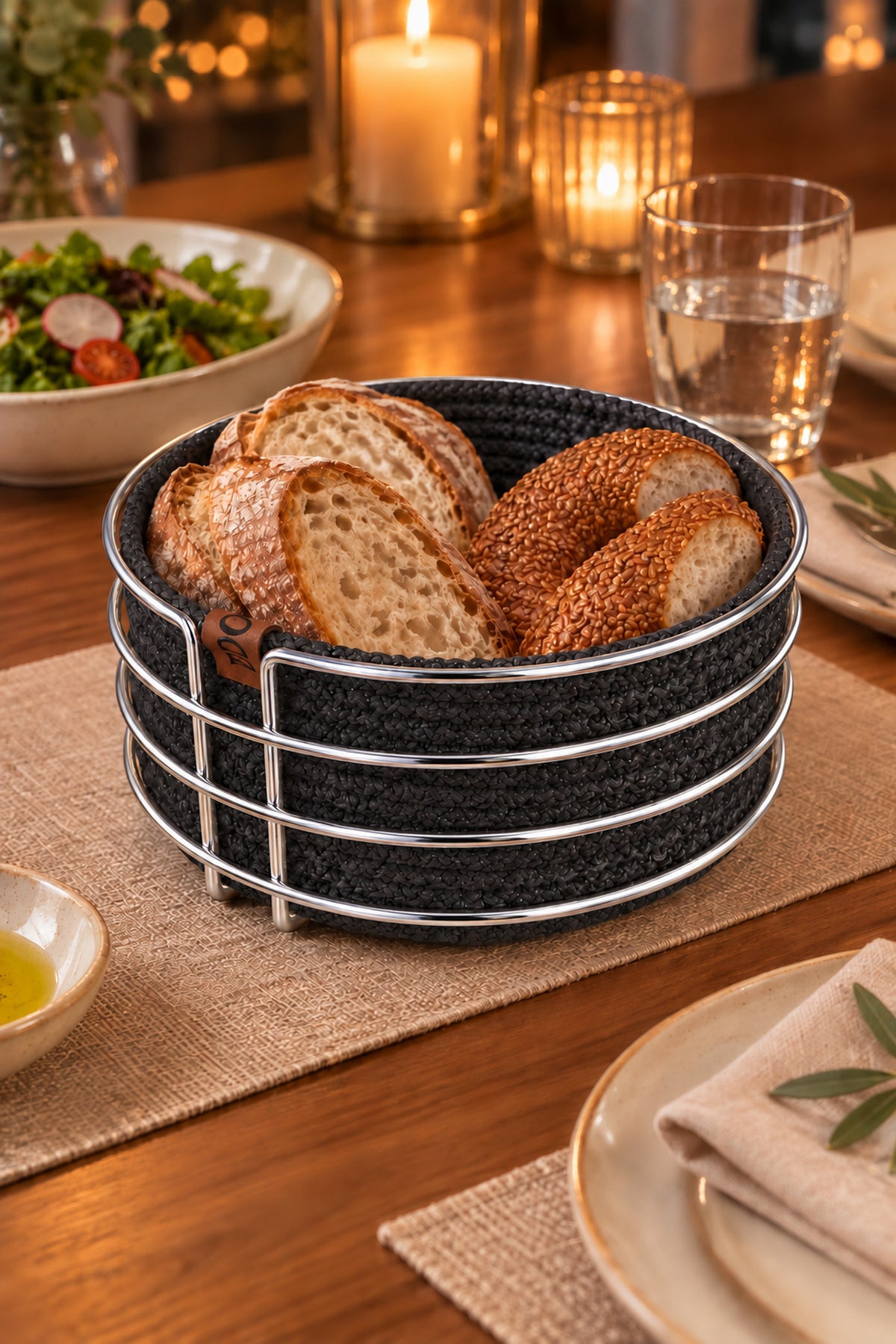 Parlak Silver Yuvarlak Ekmek Sepeti, Ekmeklik Sunum Sepeti, Antrasit Gri Makrome Çok Amaçlı Paslanmaz Metal