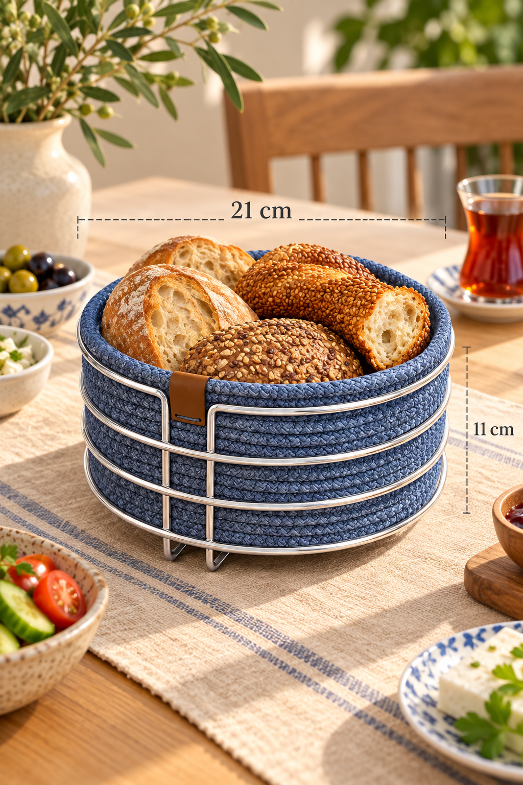 Parlak Silver Yuvarlak Ekmek Sepeti, Ekmeklik Sunum Sepeti, Turkuaz Makrome Çok Amaçlı Paslanmaz Metal