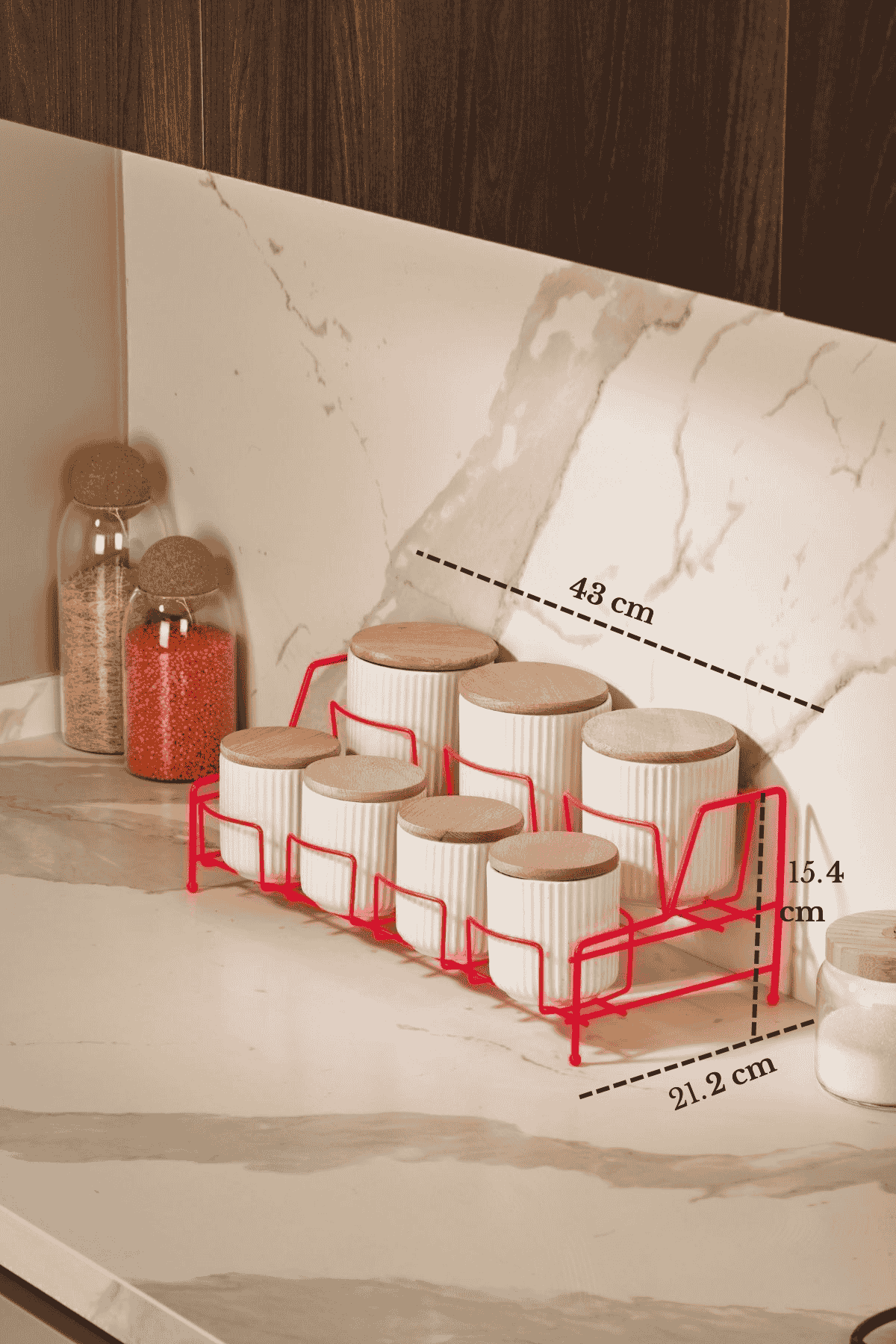 Pembe Standlı 7 Bölmeli Porselen Baharatlık Takımı Bambu Kapaklı Mutfak Organizer