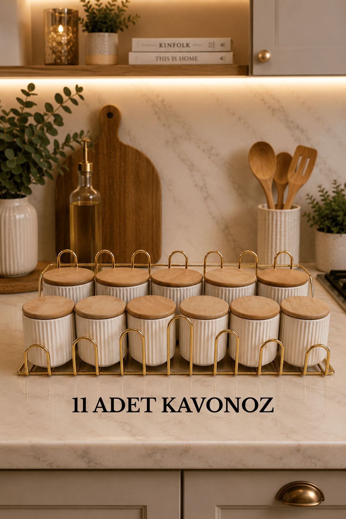 Premium Parlak Altın Metal Standlı 11'li Baharatlık Seti Zarif Ahşap Kapaklı Seramik Kavanoz, Dekoratif Mutfak Düzenleyici