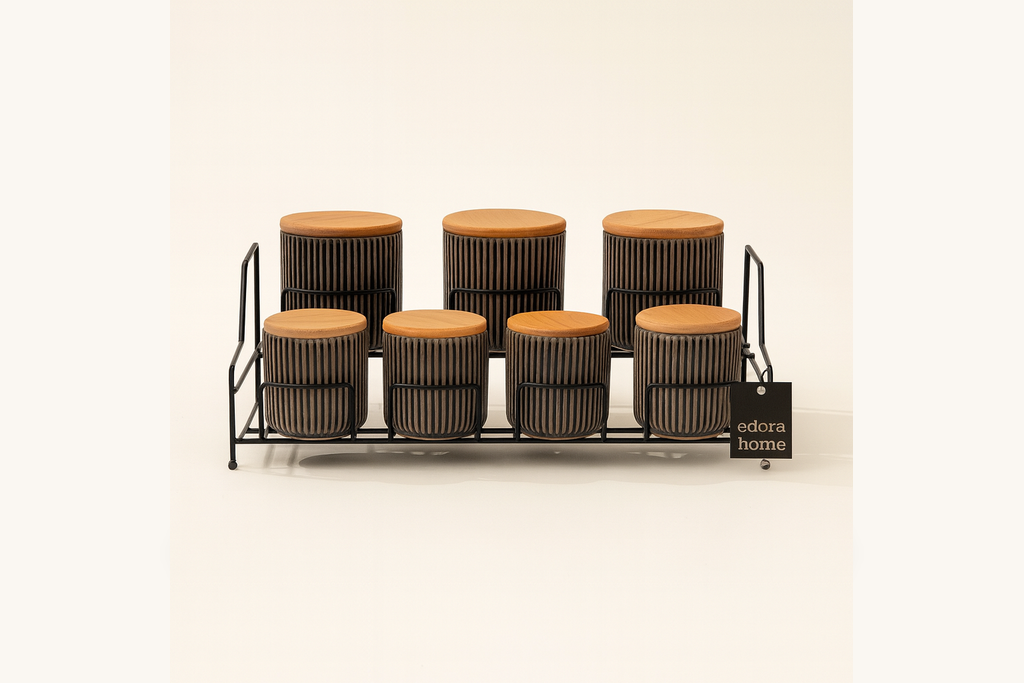 7 Compartment Porcelain Spice Set with Black Stand Kitchen Organizer with Bamboo Lid - Metal Stainless