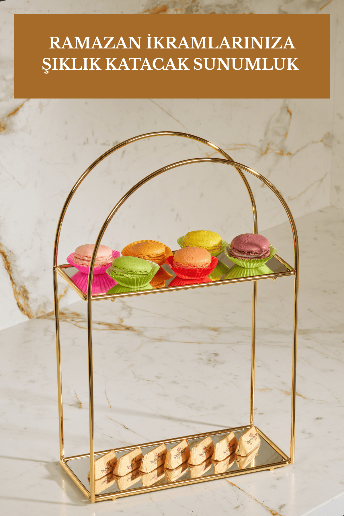 Ramazana Özel 2 Kişilik Kahve Fincan Takımı + Altın Renk 2 Katlı Sunum Standı Seti | Şık Kahve Sunumluk