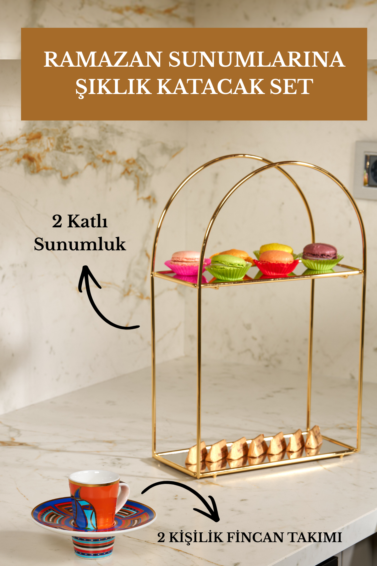 Ramazana Özel 2 Kişilik Kahve Fincan Takımı + Altın Renk 2 Katlı Sunum Standı Seti | Şık Kahve Sunumluk