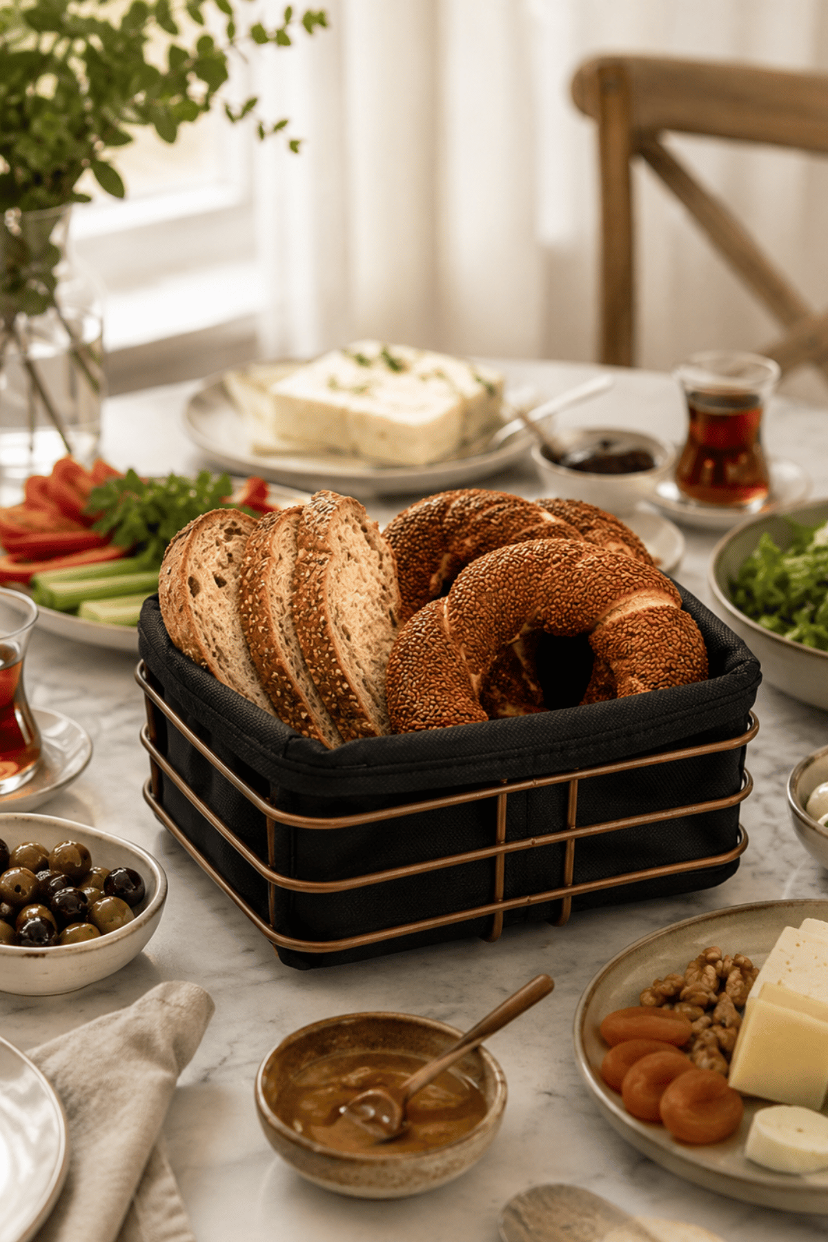 Rose Metal ve Siyah Kumaş Kare Ekmek Sunum Sepeti, Kahvaltı Sunumu,Kafe, Restoran ve Otel Tipi 20x20 cm