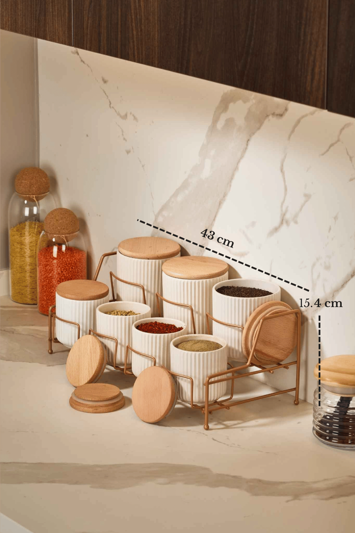 Rose Standlı 7 Bölmeli Porselen Şık Baharat Takımı Bambu Kapaklı Mutfak Düzenleyici Paslanmaz Metal