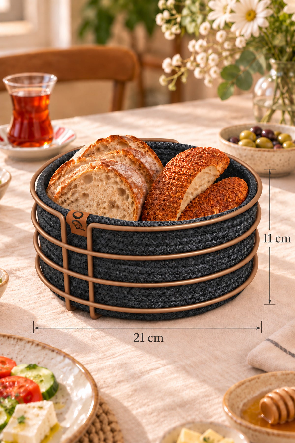 Rose Yuvarlak Ekmek Sepeti, Ekmeklik Sunum Sepeti, Antrasit Gri Makrome Çok Amaçlı Paslanmaz Metal