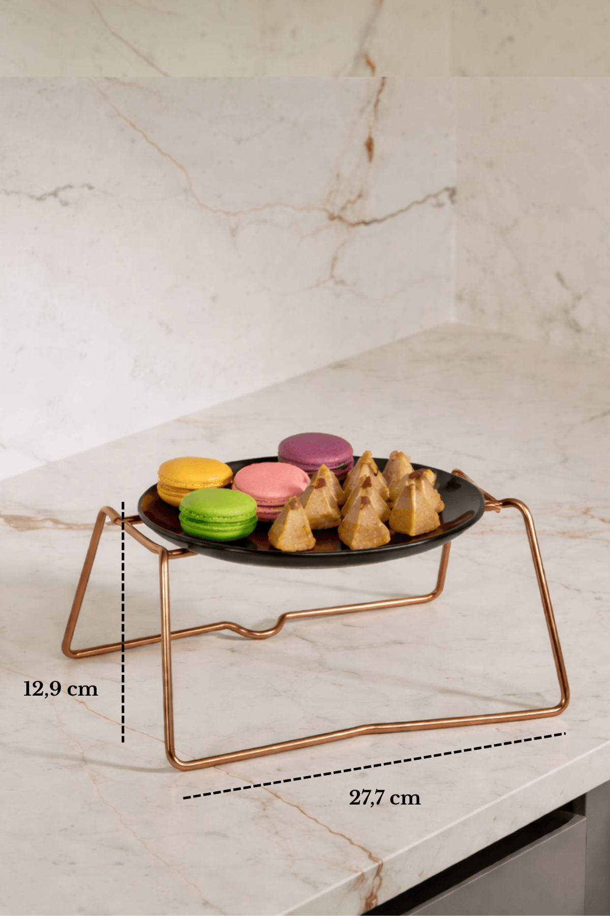 Rose Yuvarlak Sunumluk İkramlık Pasta Servis Standı Metal Ayaklı Siyah Pleksi