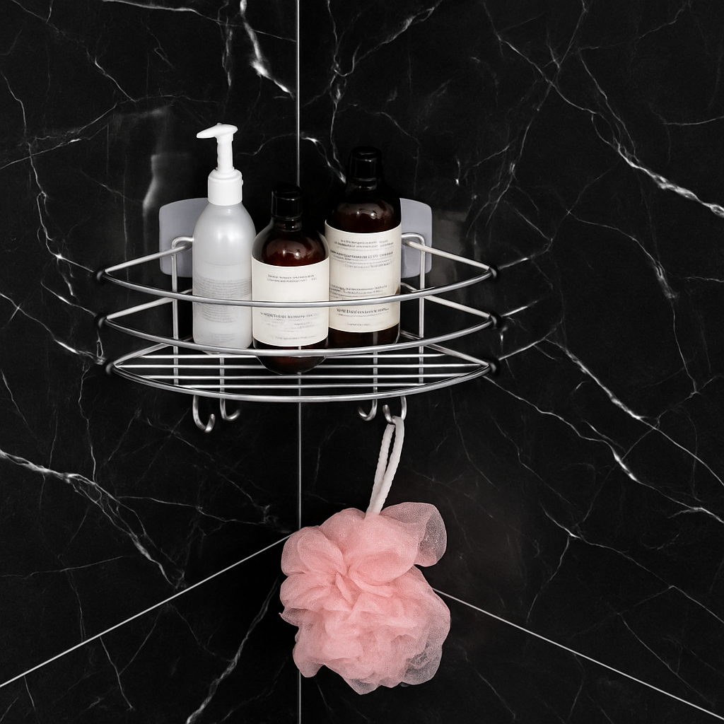 Silver Lüx Köşe Raf Organizer – Yapışkanlı Paslanmaz Metal Banyo Duş Şampuanlık, Çok Amaçlı Raf