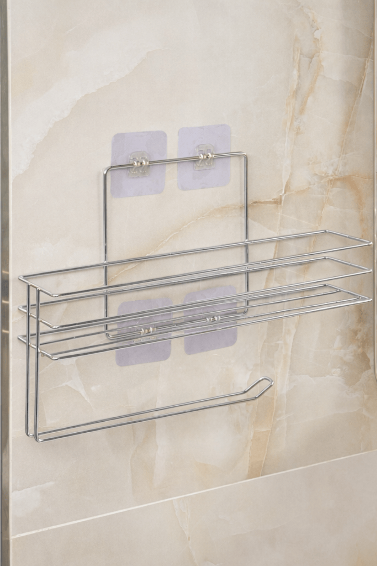 Bright Silver Modern Bathroom Shelf Adhesive Shower Organizer Paper Towel Holder