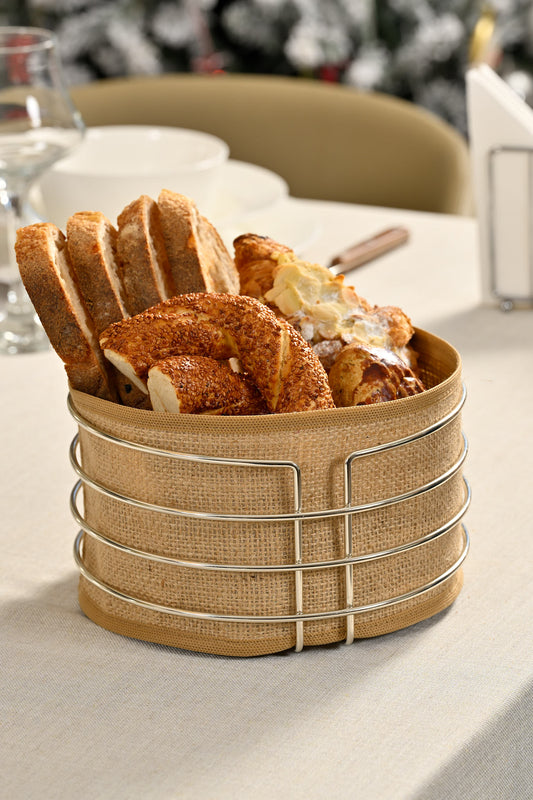 Silver Yuvarlak Ekmek Sepeti Jüt Kahve Kumaş Bezi, Renkli Sunum Sepet Ekmeklik - Çok Amaçlı Metal Paslanmaz